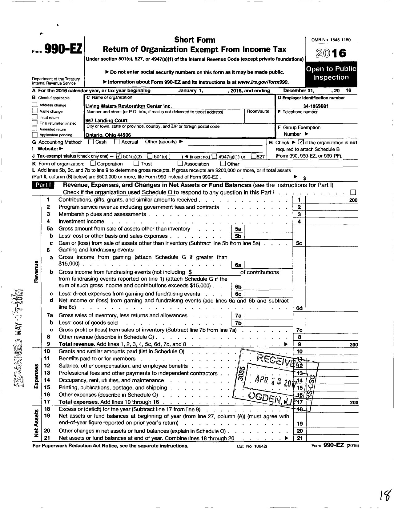 Image of first page of 2016 Form 990EZ for Living Water Restoration Center
