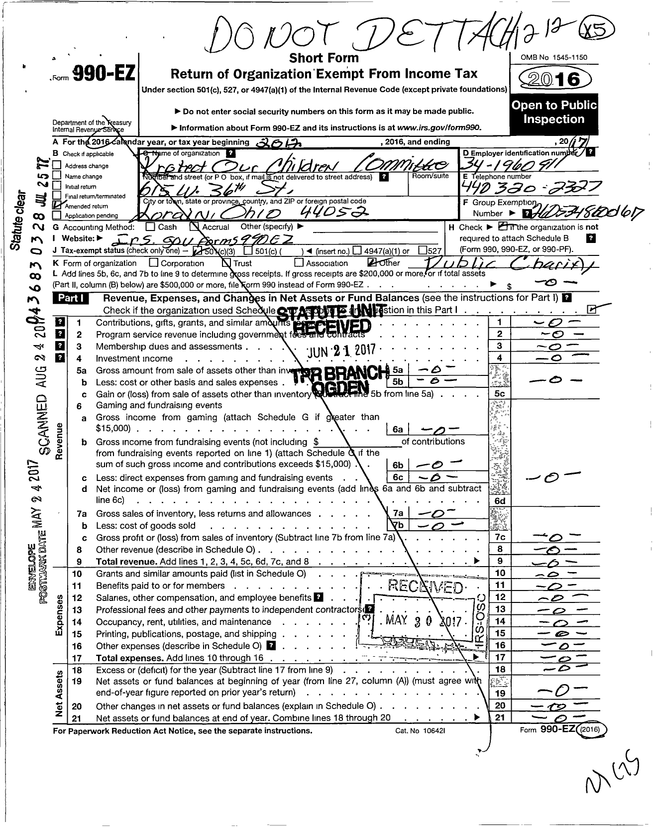 Image of first page of 2012 Form 990EZ for Protect Our Children Committee