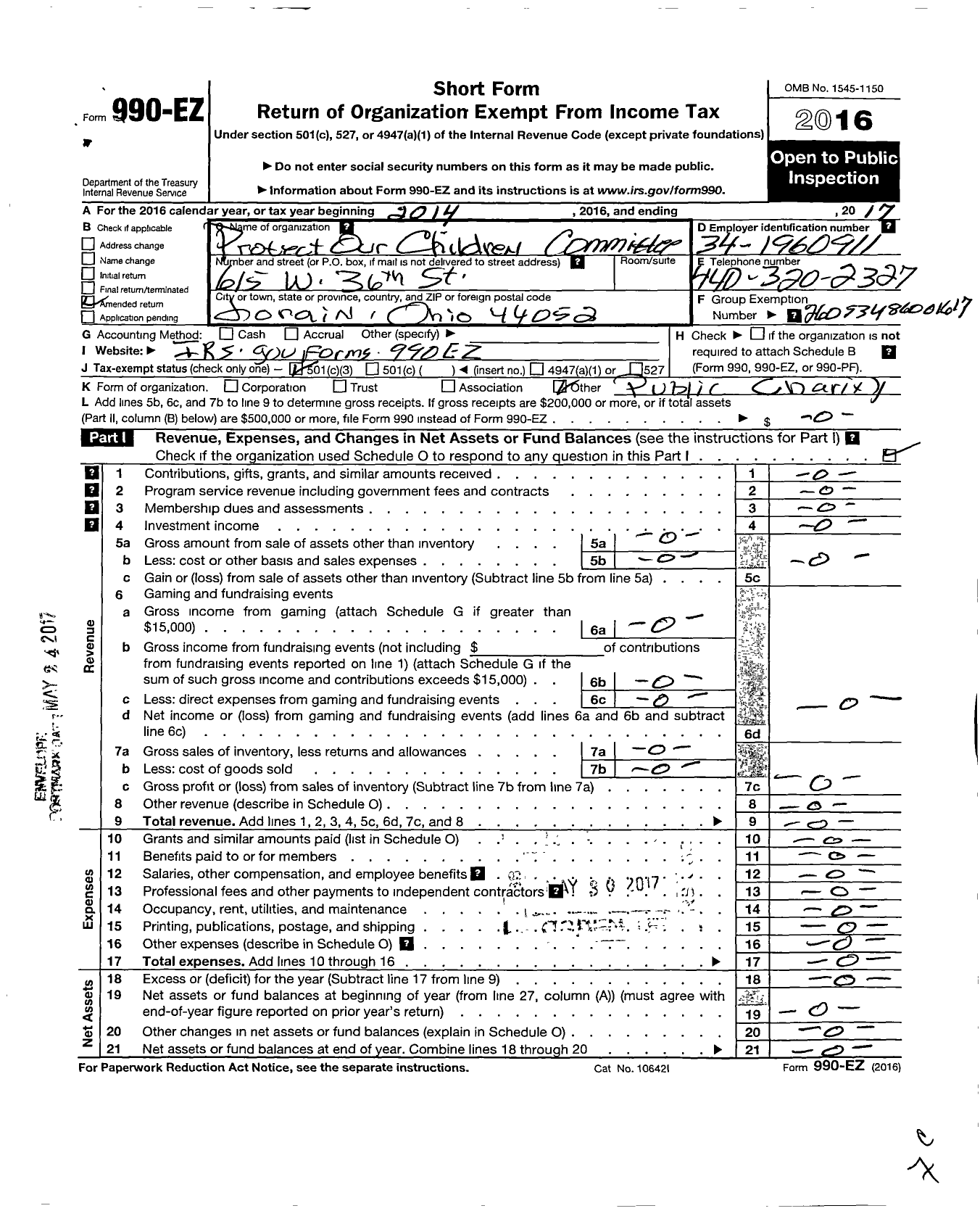 Image of first page of 2014 Form 990EZ for Protect Our Children Committee