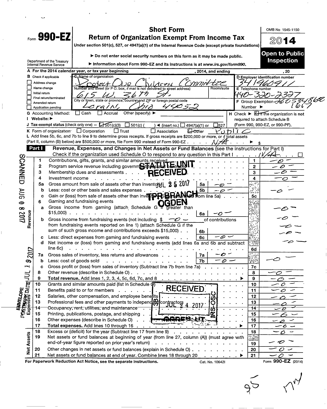 Image of first page of 2014 Form 990EZ for Protect Our Children Committee