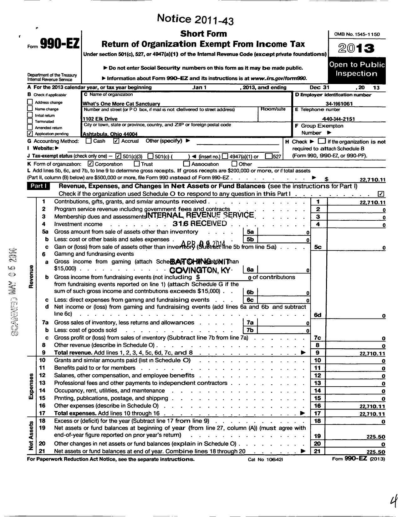 Image of first page of 2013 Form 990EZ for Whats One More Cat Sanctuary