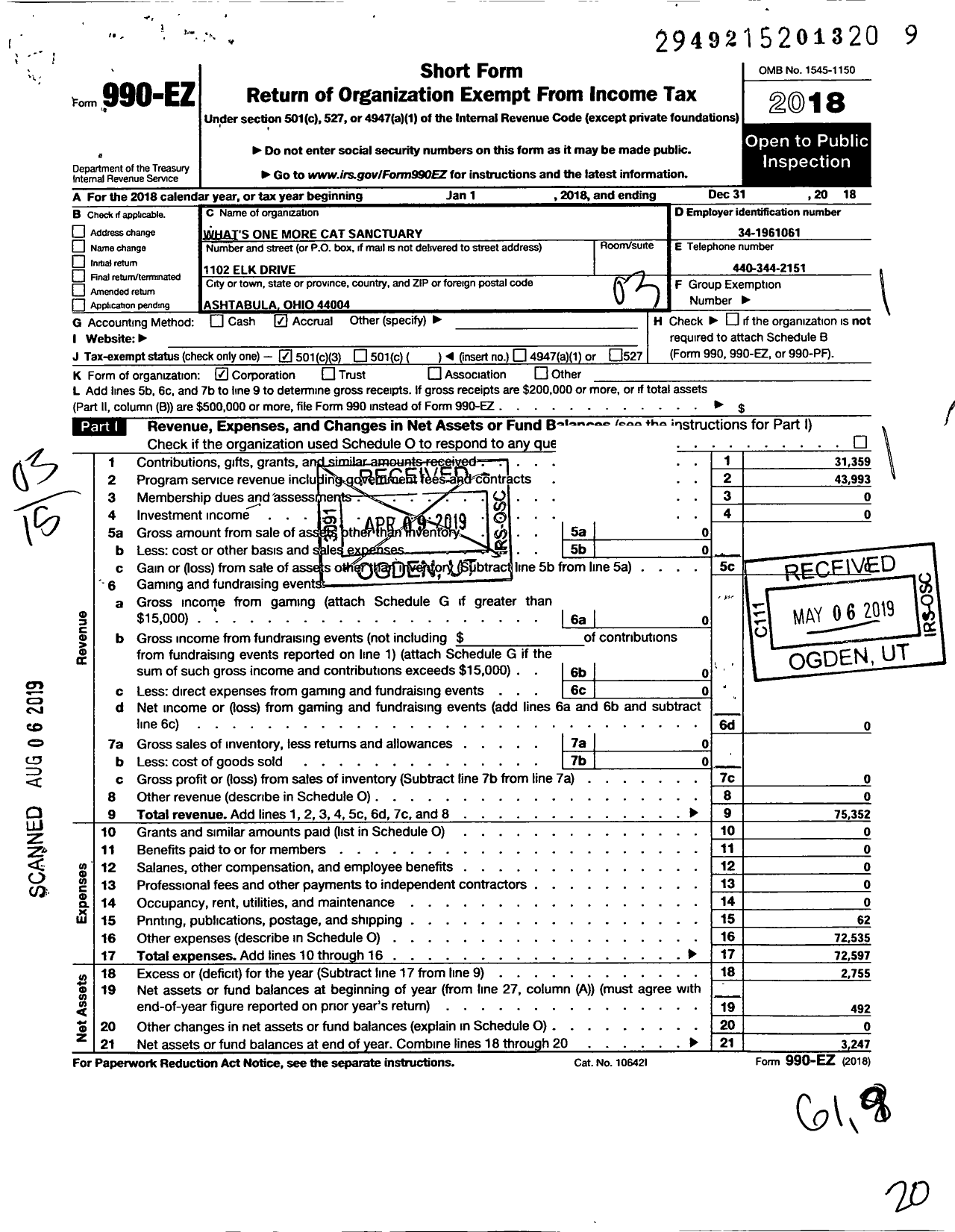 Image of first page of 2018 Form 990EZ for Whats One More Cat Sanctuary