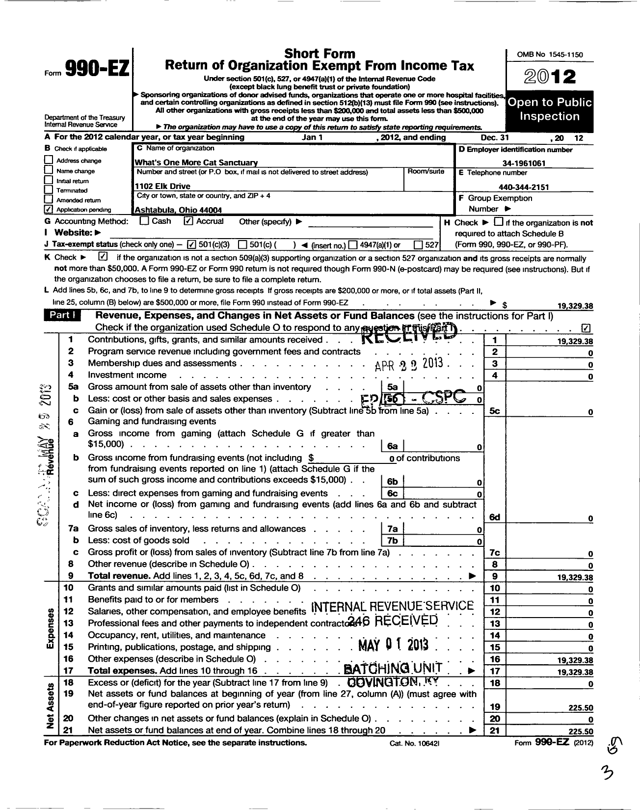 Image of first page of 2012 Form 990EZ for Whats One More Cat Sanctuary