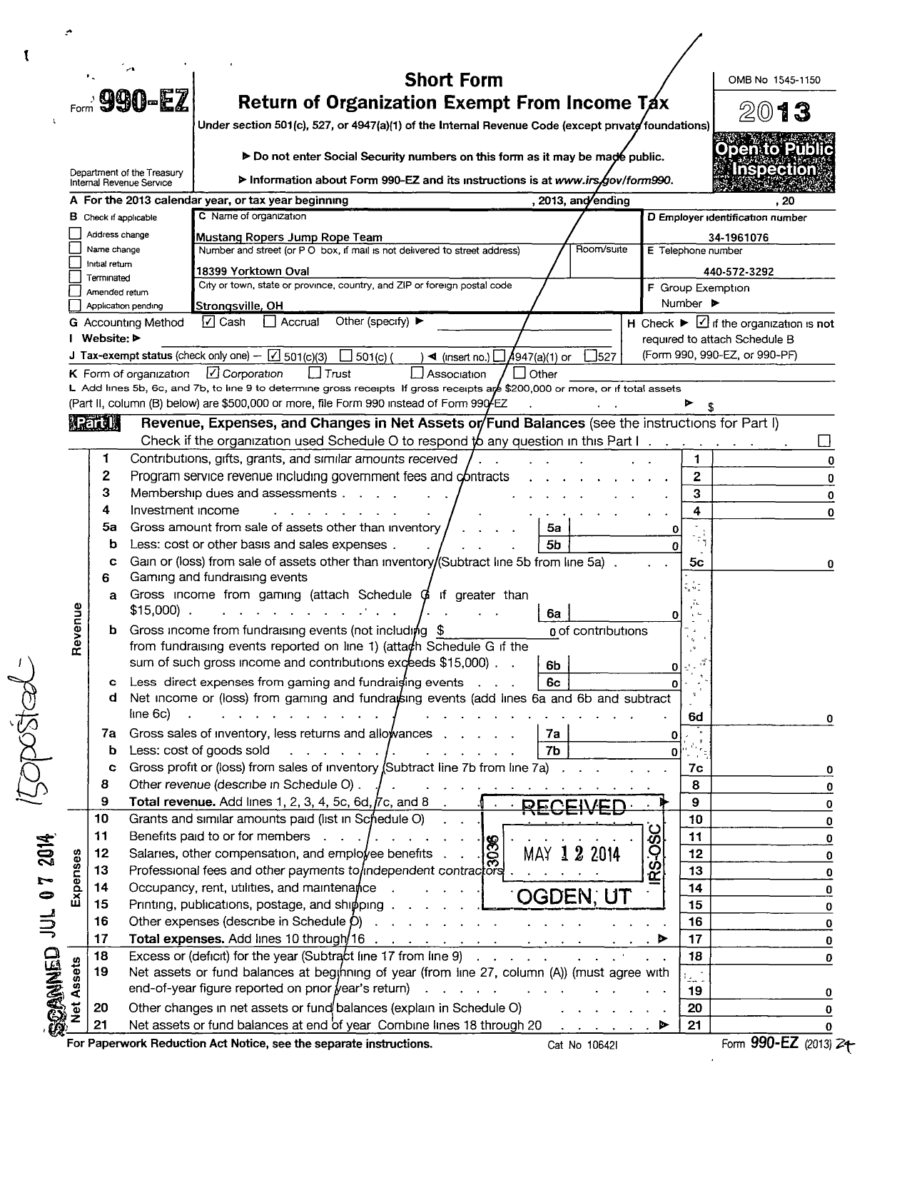 Image of first page of 2013 Form 990EZ for Mustang Ropers Jump Rope Team