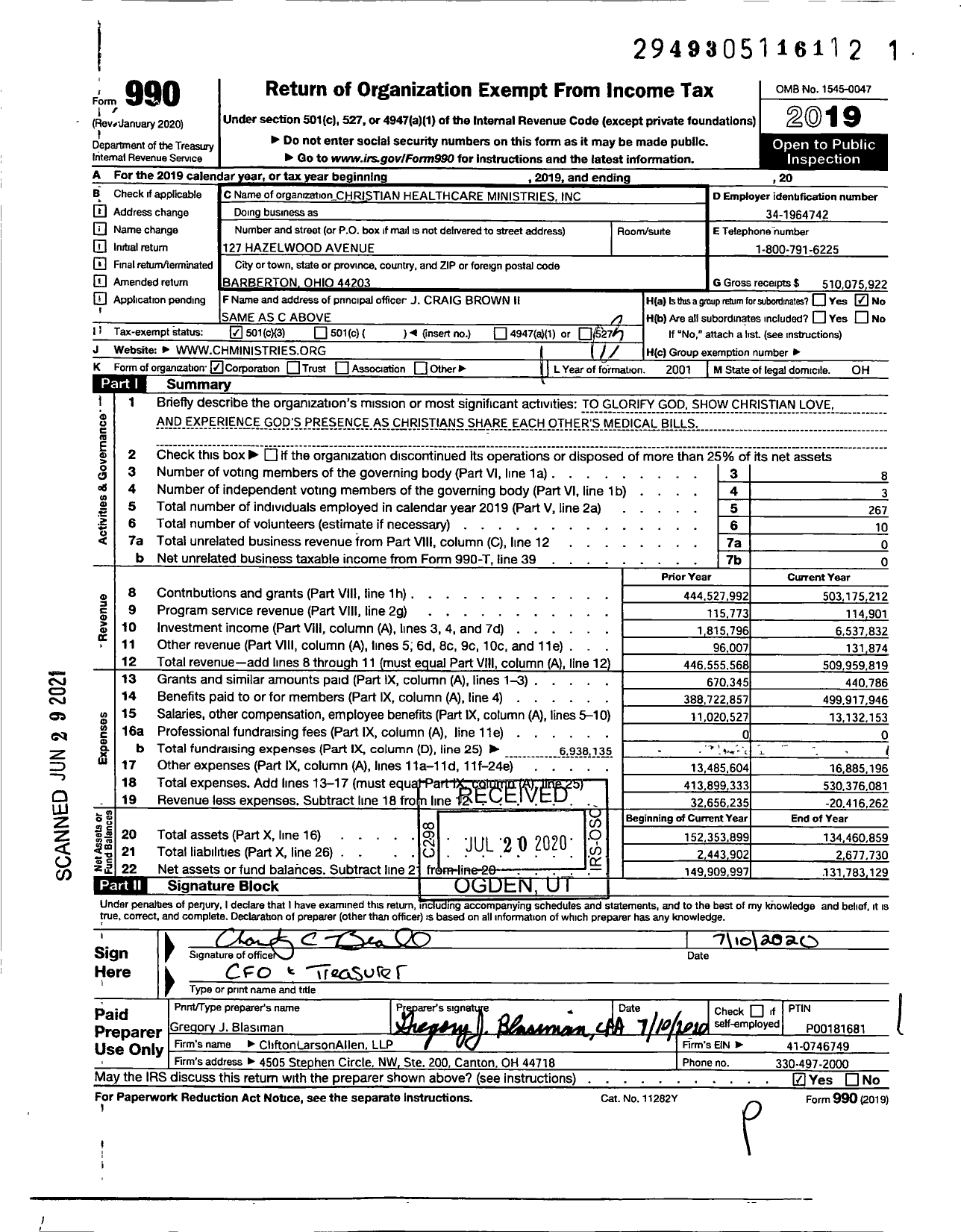 Image of first page of 2019 Form 990 for Christian Healthcare Ministries