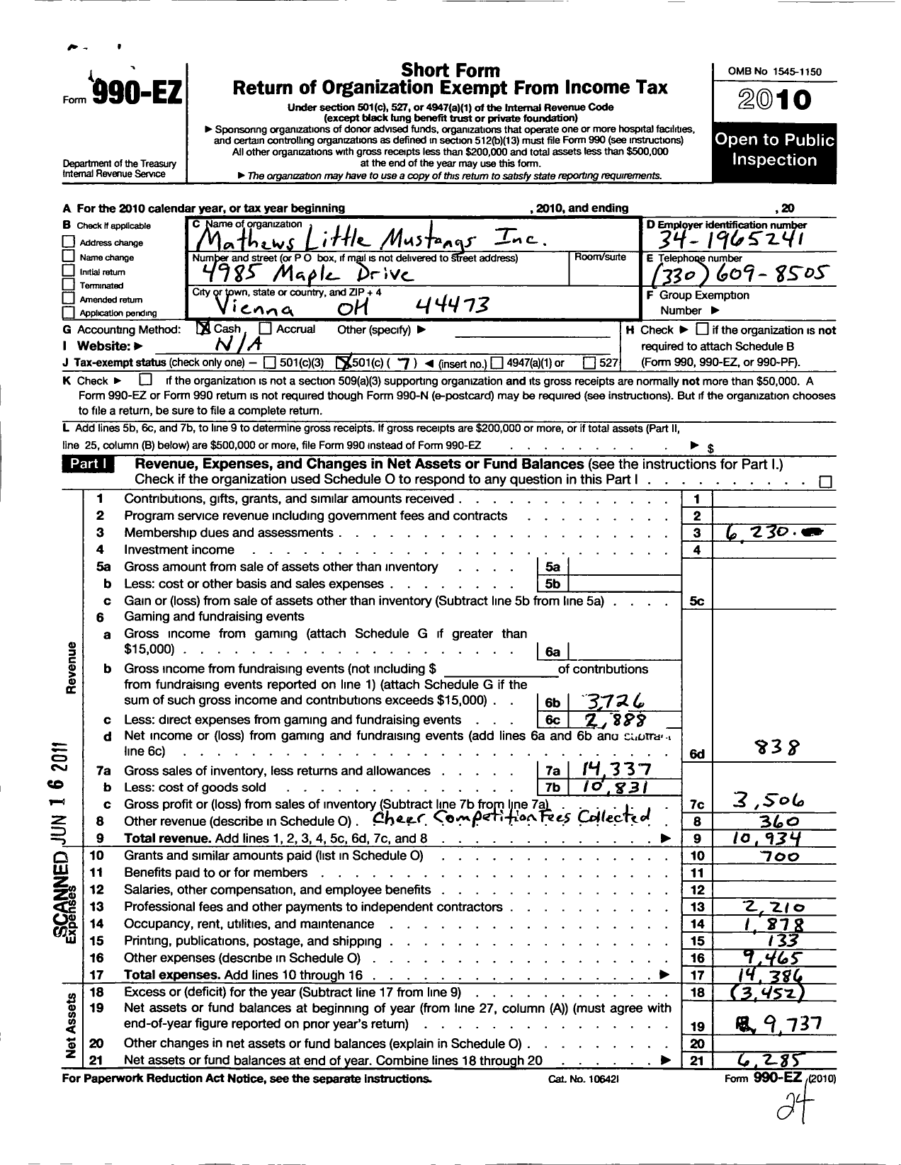 Image of first page of 2010 Form 990EO for Mathews Littles Mustangs