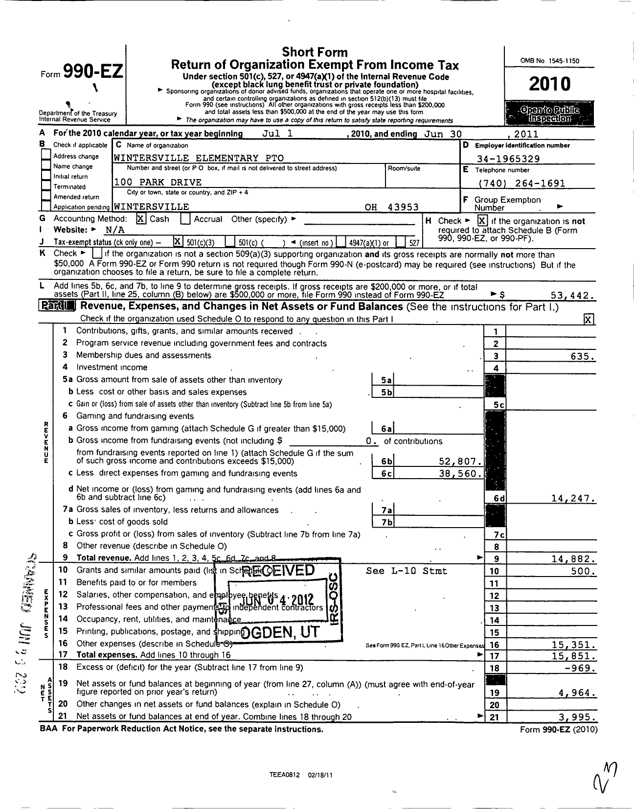 Image of first page of 2010 Form 990EZ for Wintersville Elementary Parent-Teacher Organization