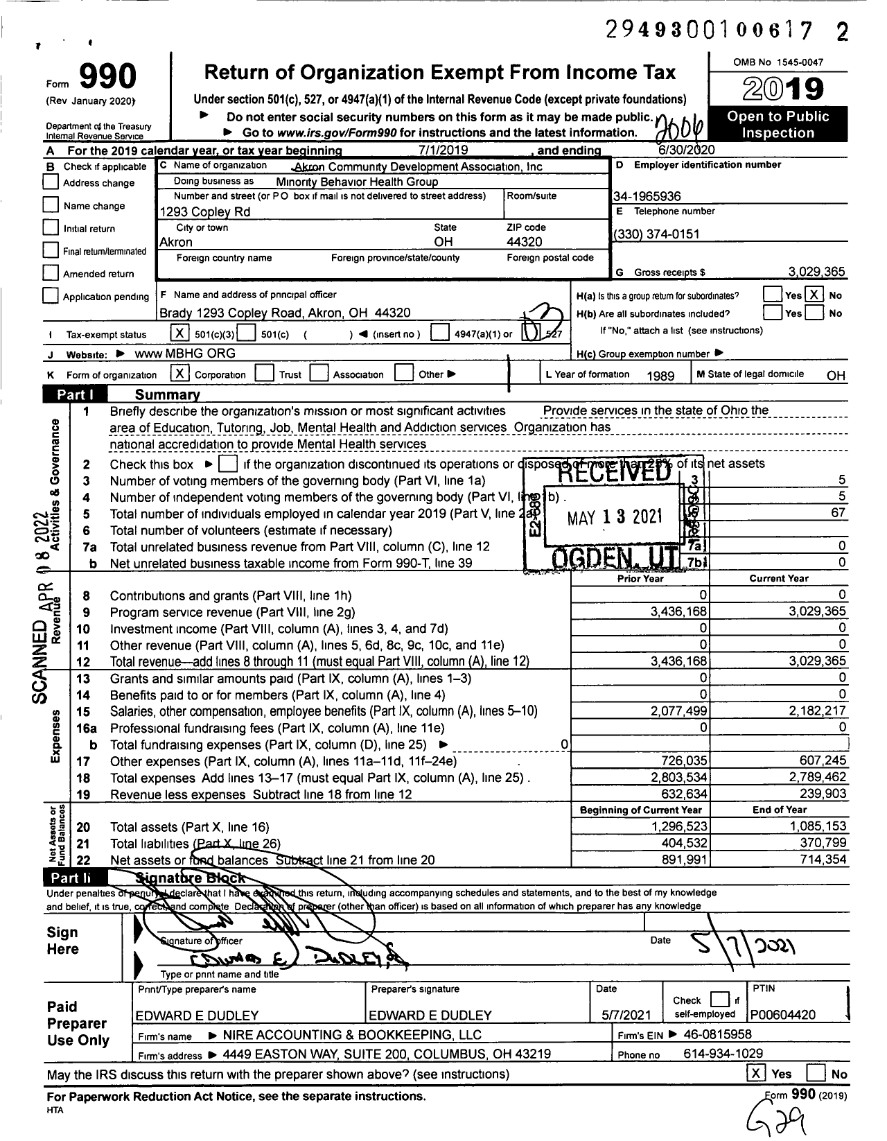 Image of first page of 2019 Form 990 for Minority Behavior Health Group