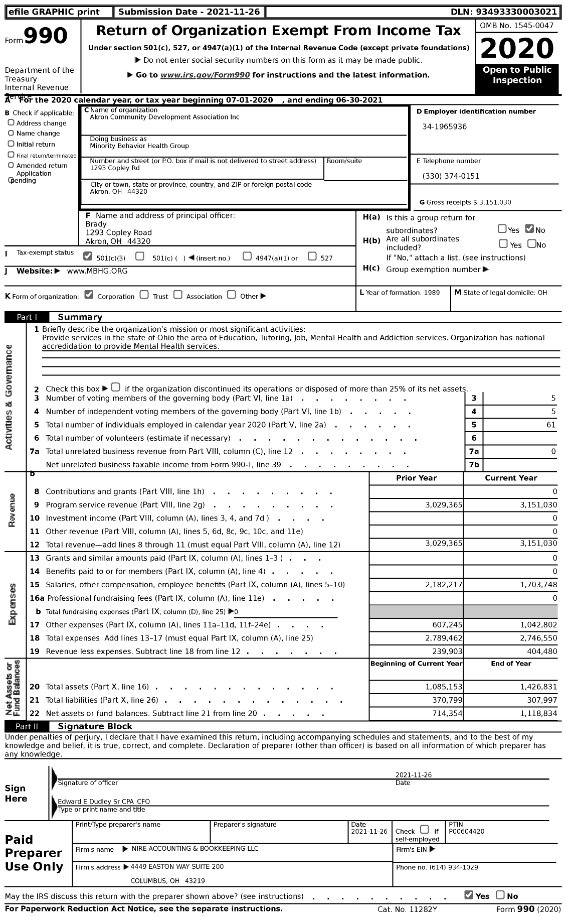 Image of first page of 2020 Form 990 for Minority Behavior Health Group