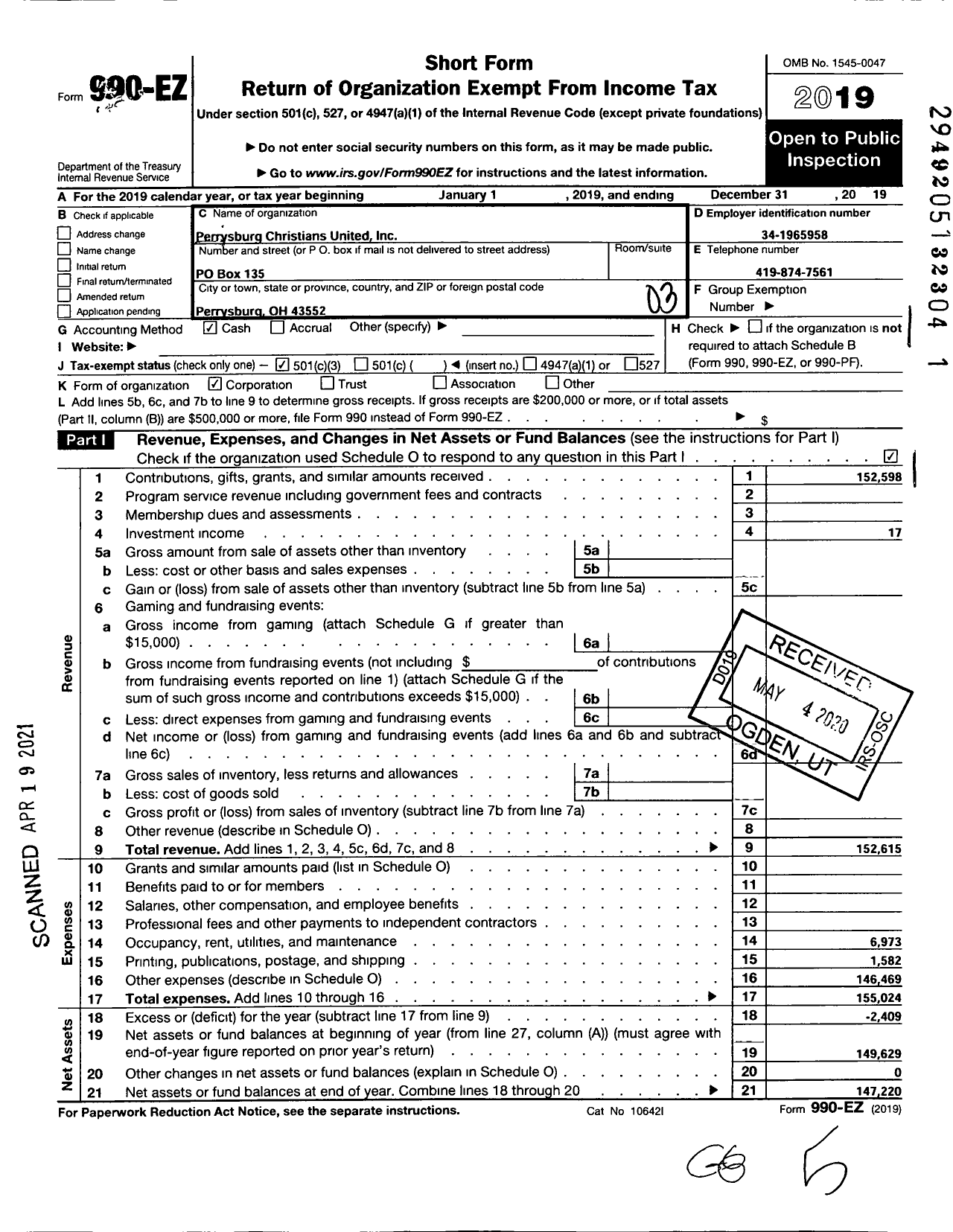 Image of first page of 2019 Form 990EZ for Perrysburg Christians United (PCU)