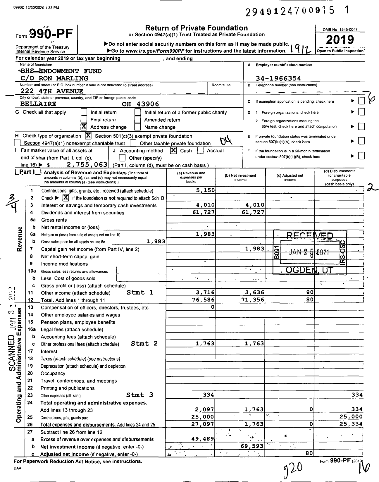 Image of first page of 2019 Form 990PF for BHS Endowment Fund