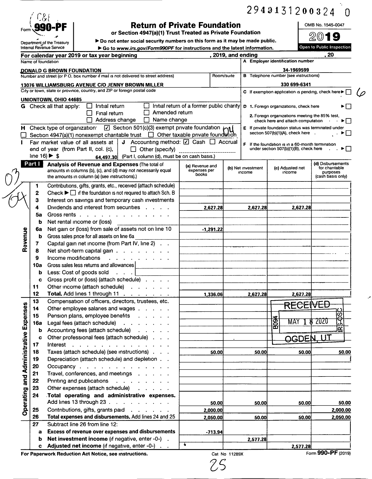 Image of first page of 2019 Form 990PF for Donald G Brown Foundation