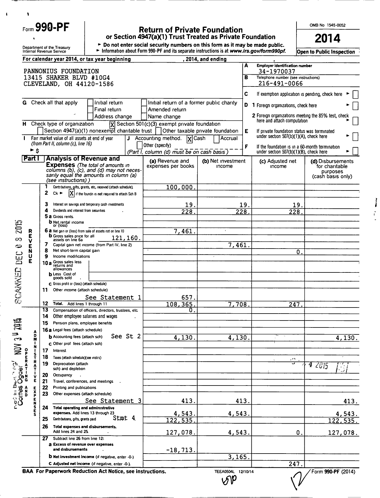 Image of first page of 2014 Form 990PF for Pannonius Foundation