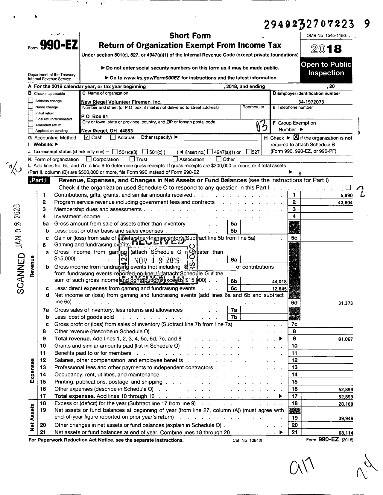 Image of first page of 2018 Form 990EZ for New Riegel Volunteer Firemen