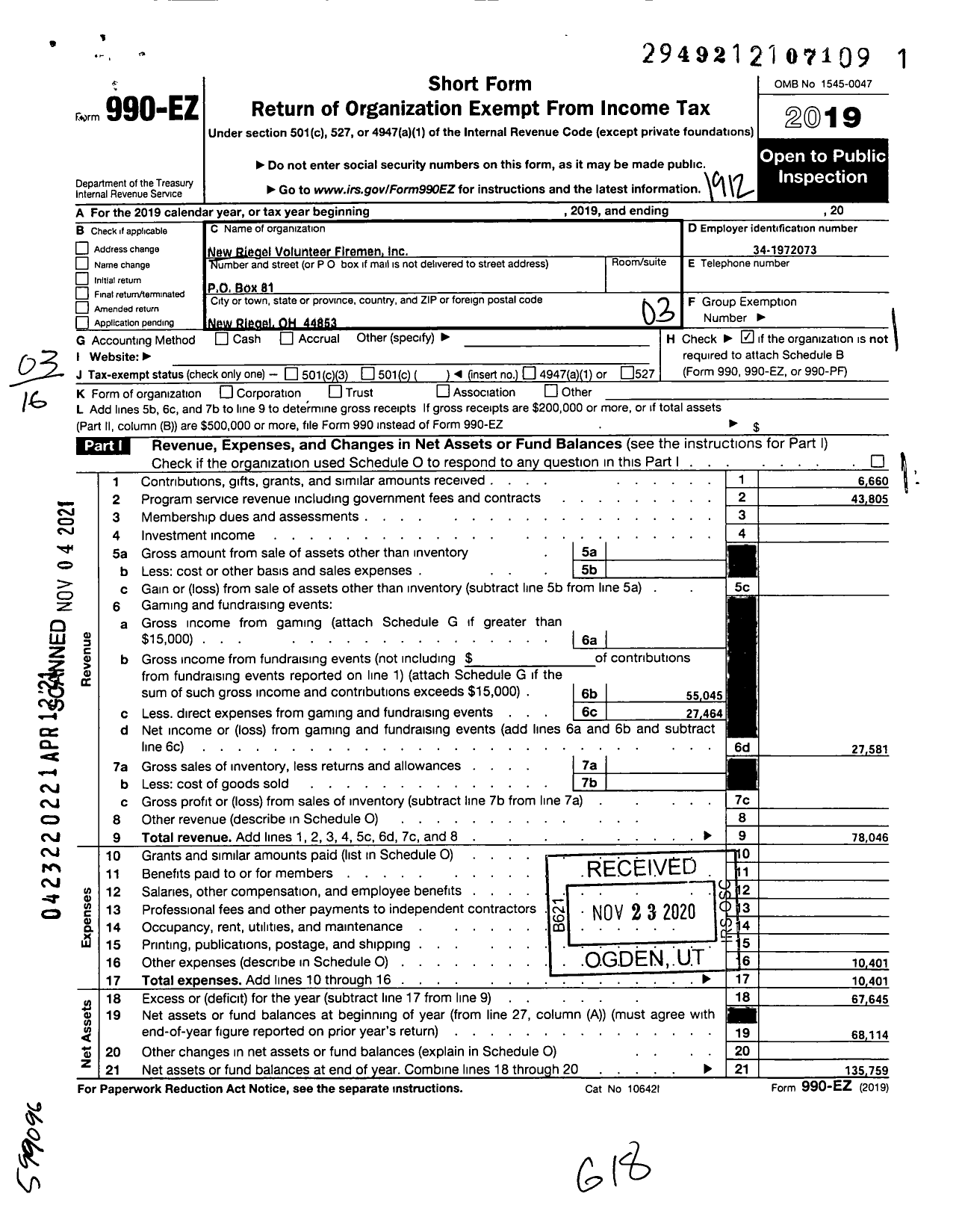 Image of first page of 2019 Form 990EZ for New Riegel Volunteer Firemen