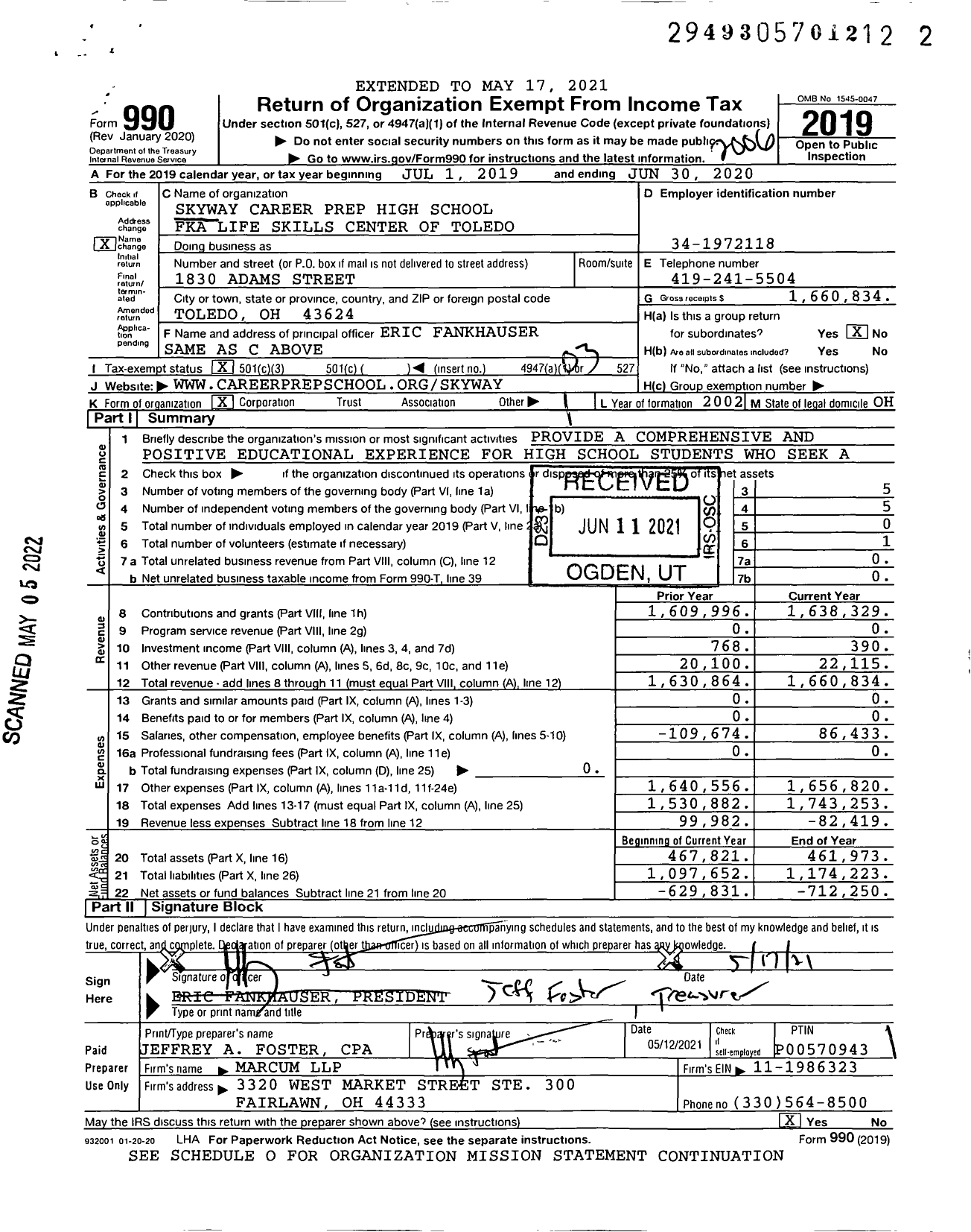 Image of first page of 2019 Form 990 for Skyway Career Prep High School