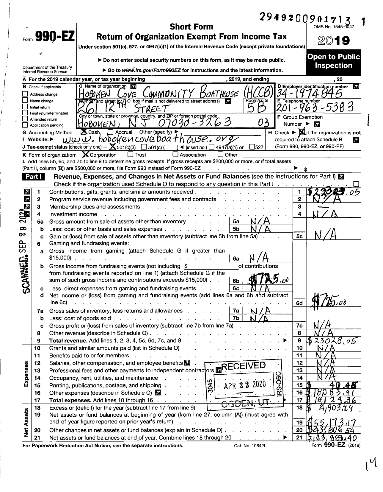 Image of first page of 2019 Form 990EZ for Hoboken Cove Community Boathouse HCCB (HCCB)