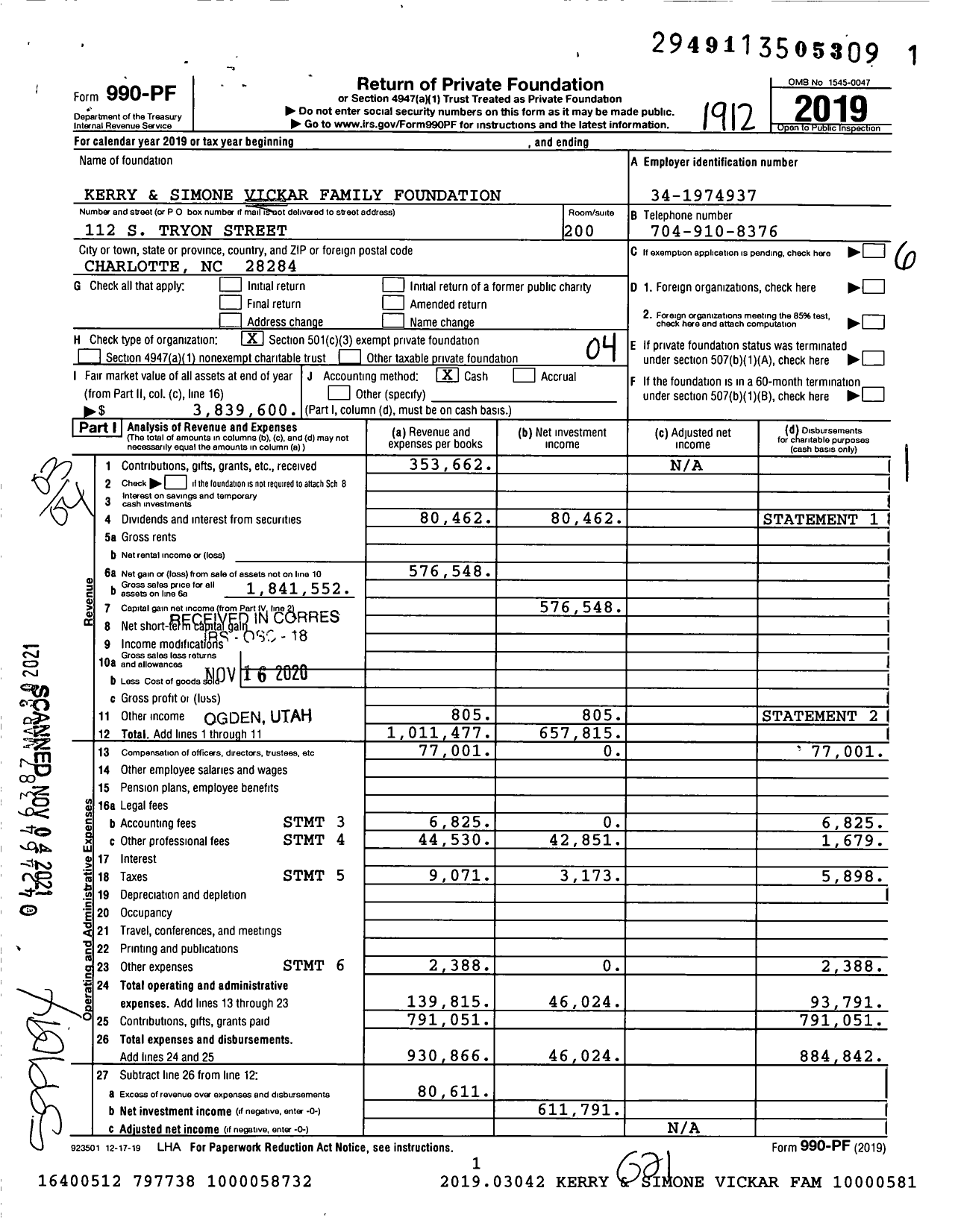 Image of first page of 2019 Form 990PF for Kerry & Simone Vickar Family Foundation