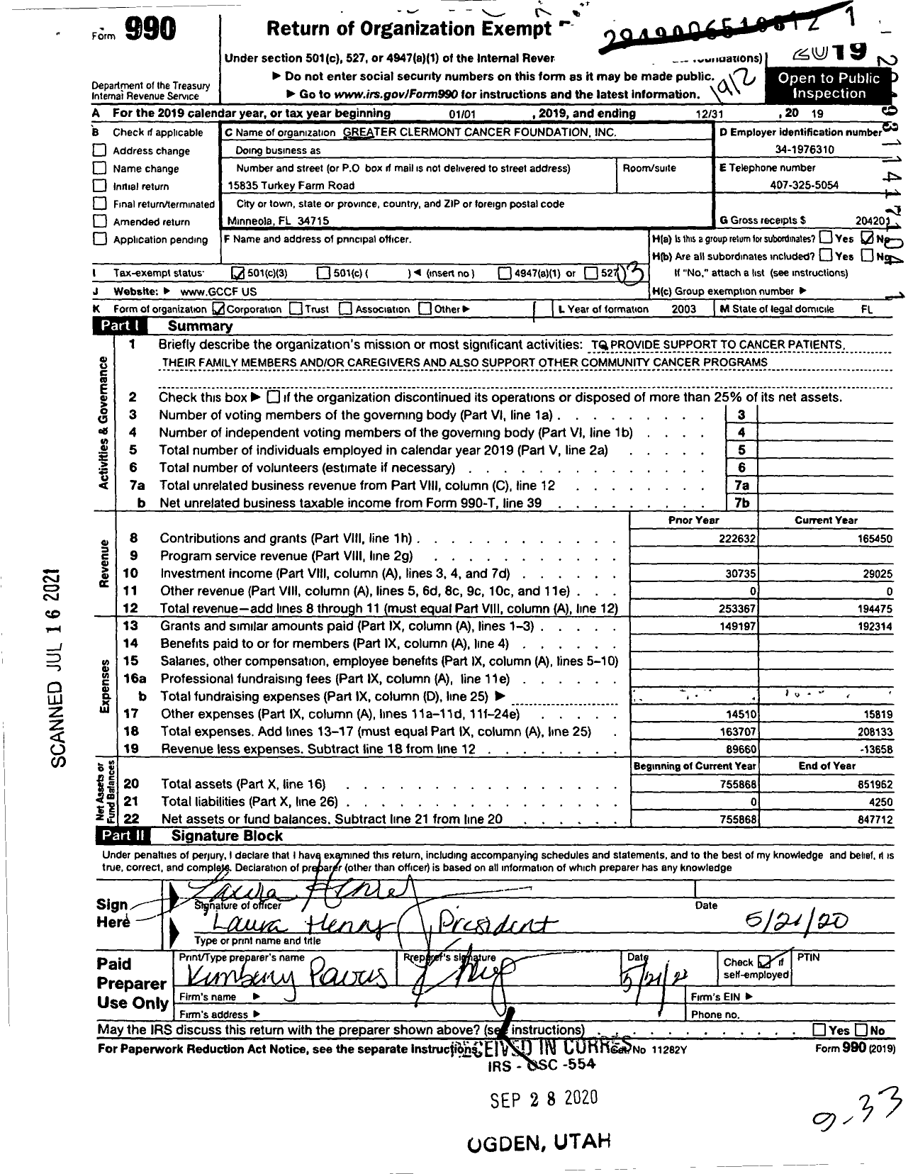 Image of first page of 2019 Form 990 for Greater Clermont Cancer Foundation