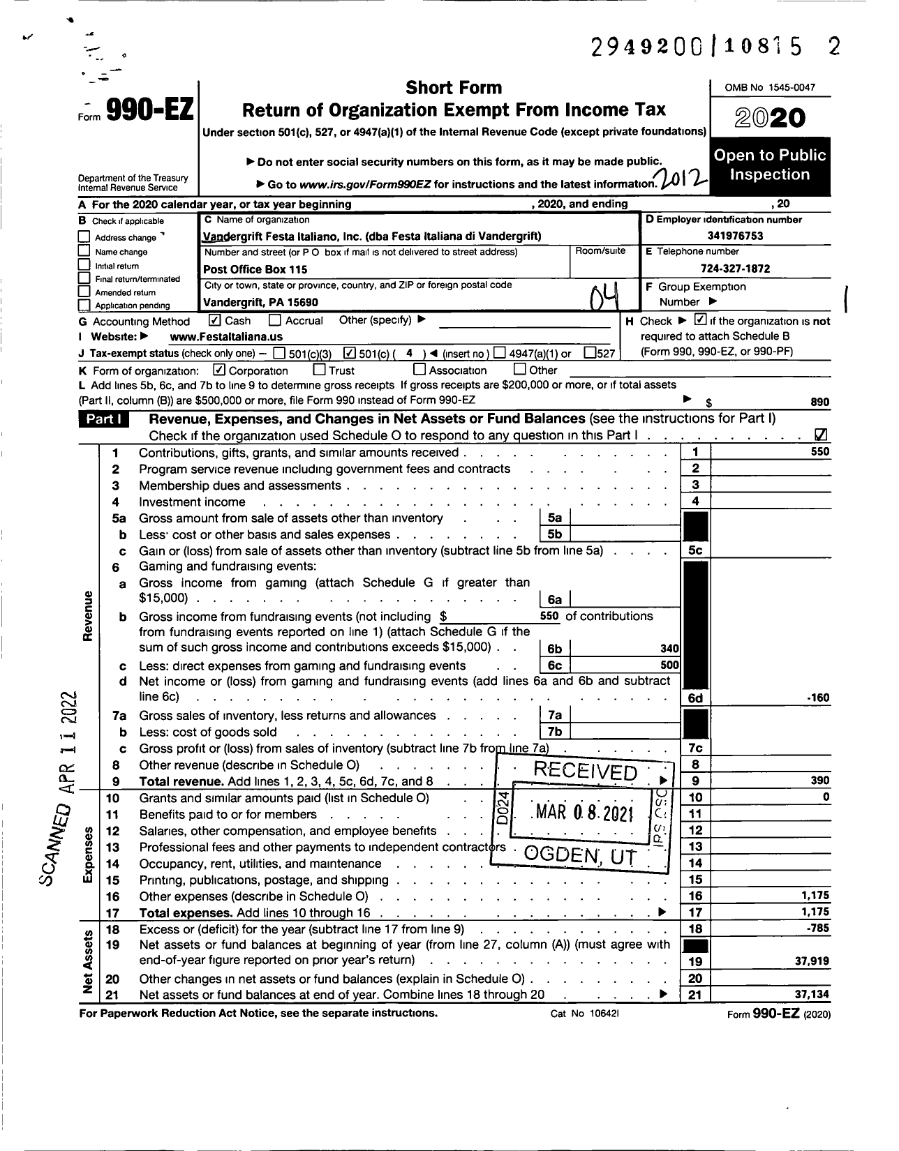 Image of first page of 2020 Form 990EO for FESTA Italiana di VANDERGRIFT