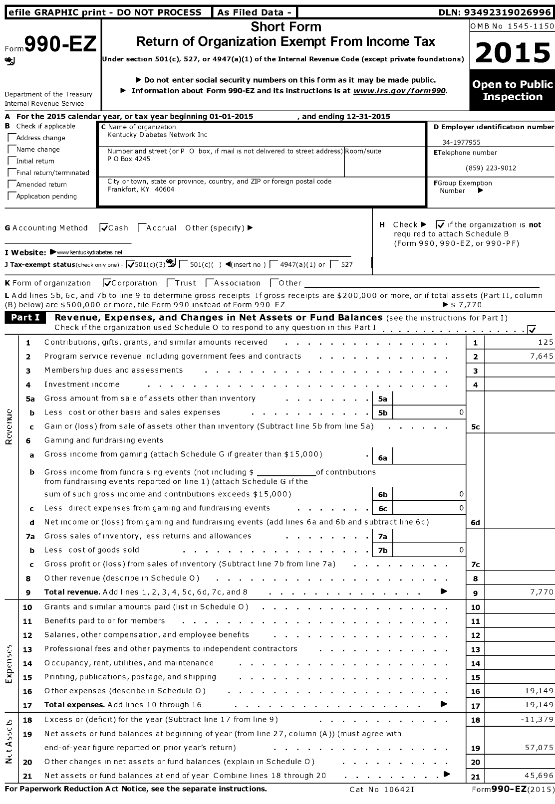 Image of first page of 2015 Form 990EZ for Kentucky Diabetes Network