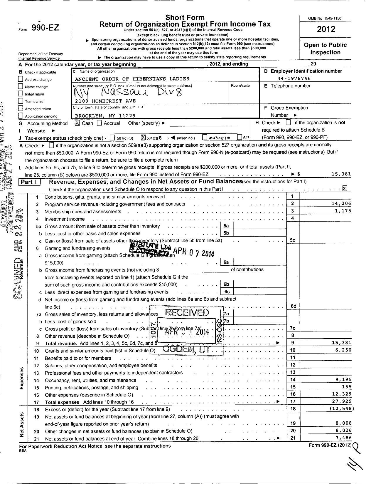 Image of first page of 2012 Form 990EO for Ancient Order of Hibernians Ladies