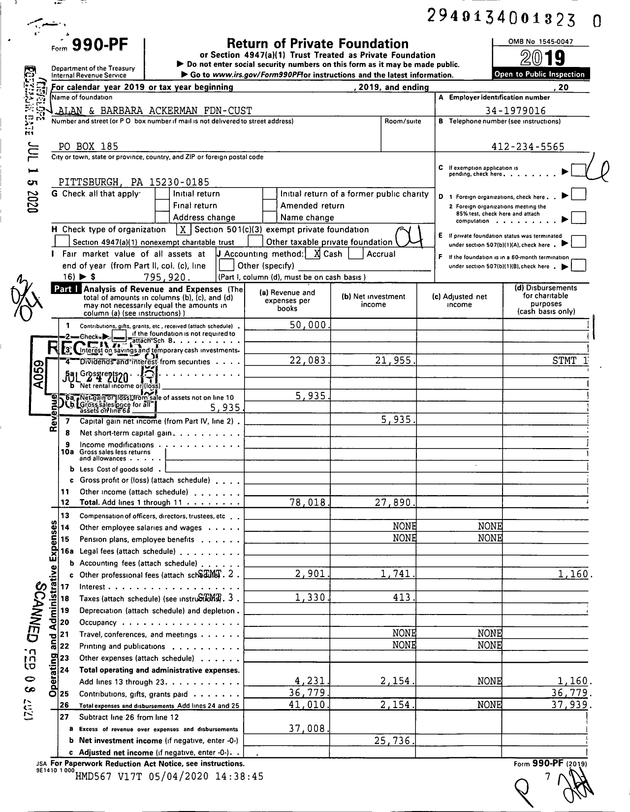 Image of first page of 2019 Form 990PF for Alan and Barbara Ackerman Fdn-Cust