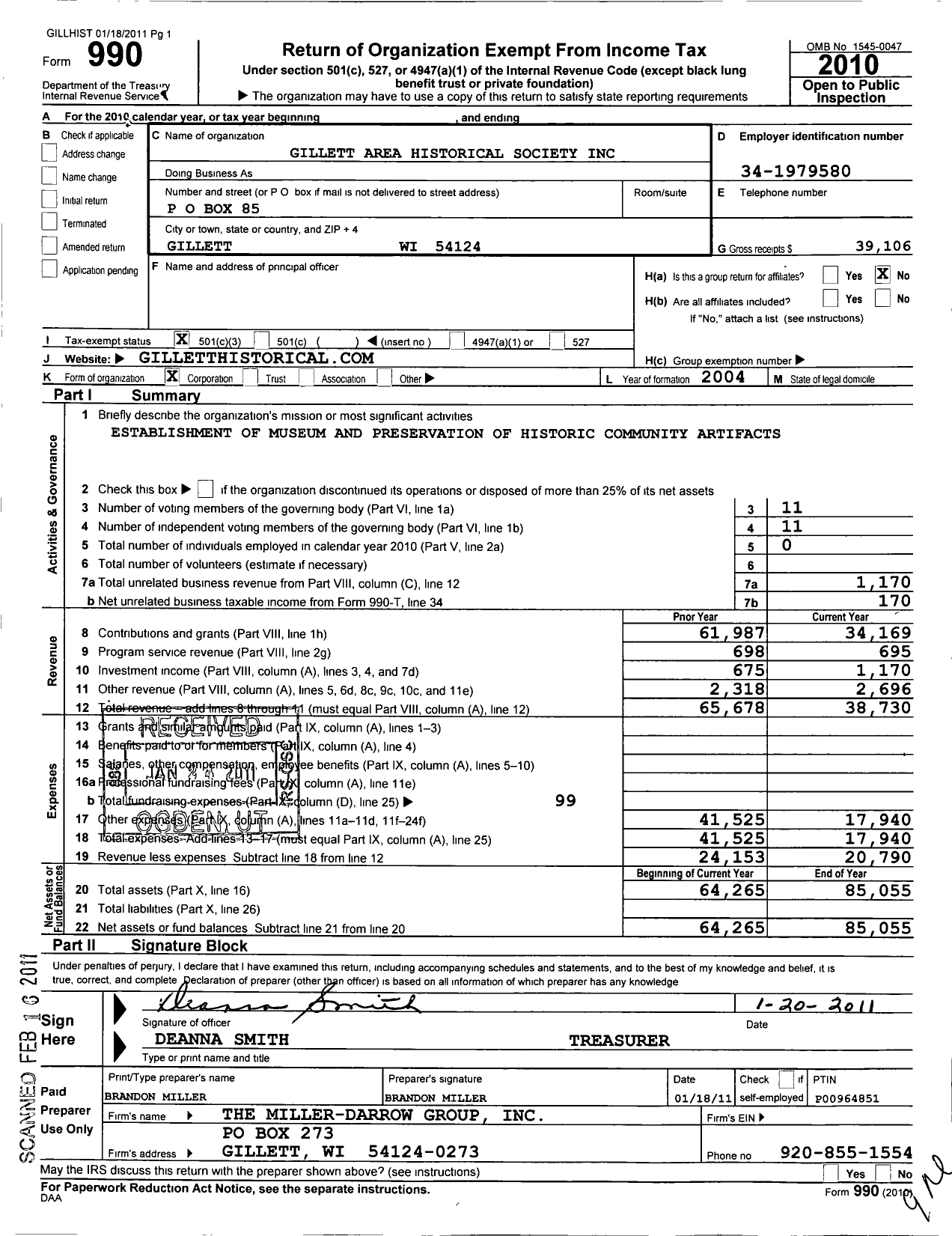 Image of first page of 2010 Form 990 for Gillett Area Historical Society