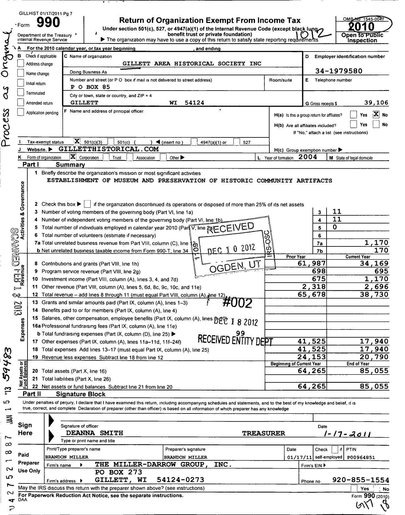 Image of first page of 2010 Form 990 for Gillett Area Historical Society