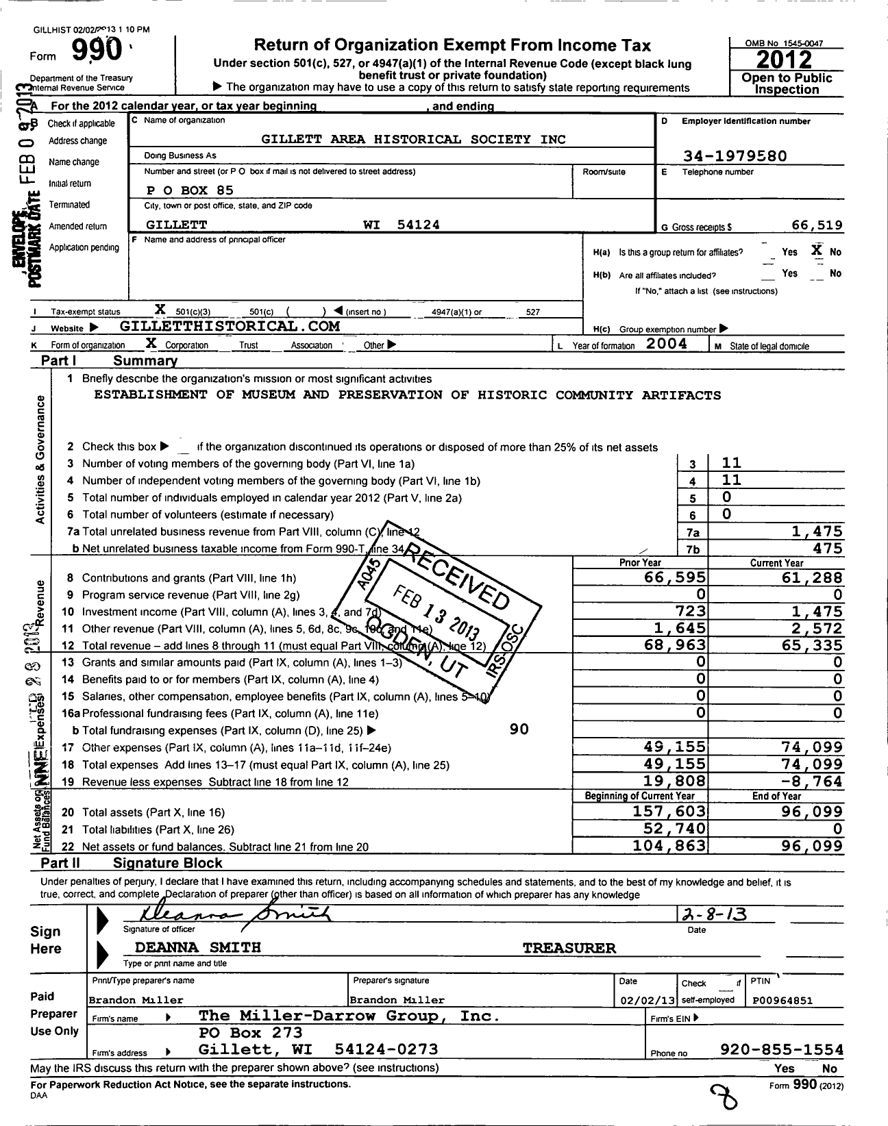 Image of first page of 2012 Form 990 for Gillett Area Historical Society