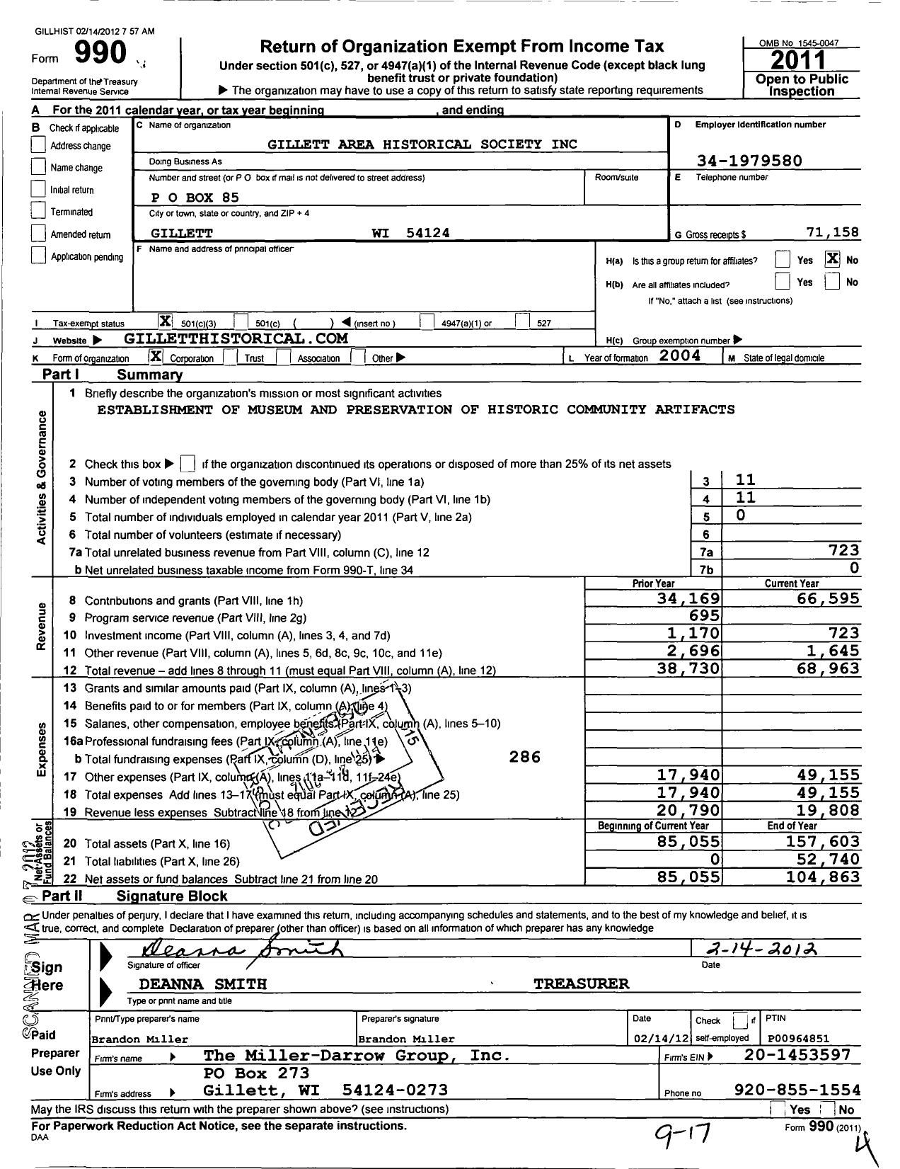 Image of first page of 2011 Form 990 for Gillett Area Historical Society