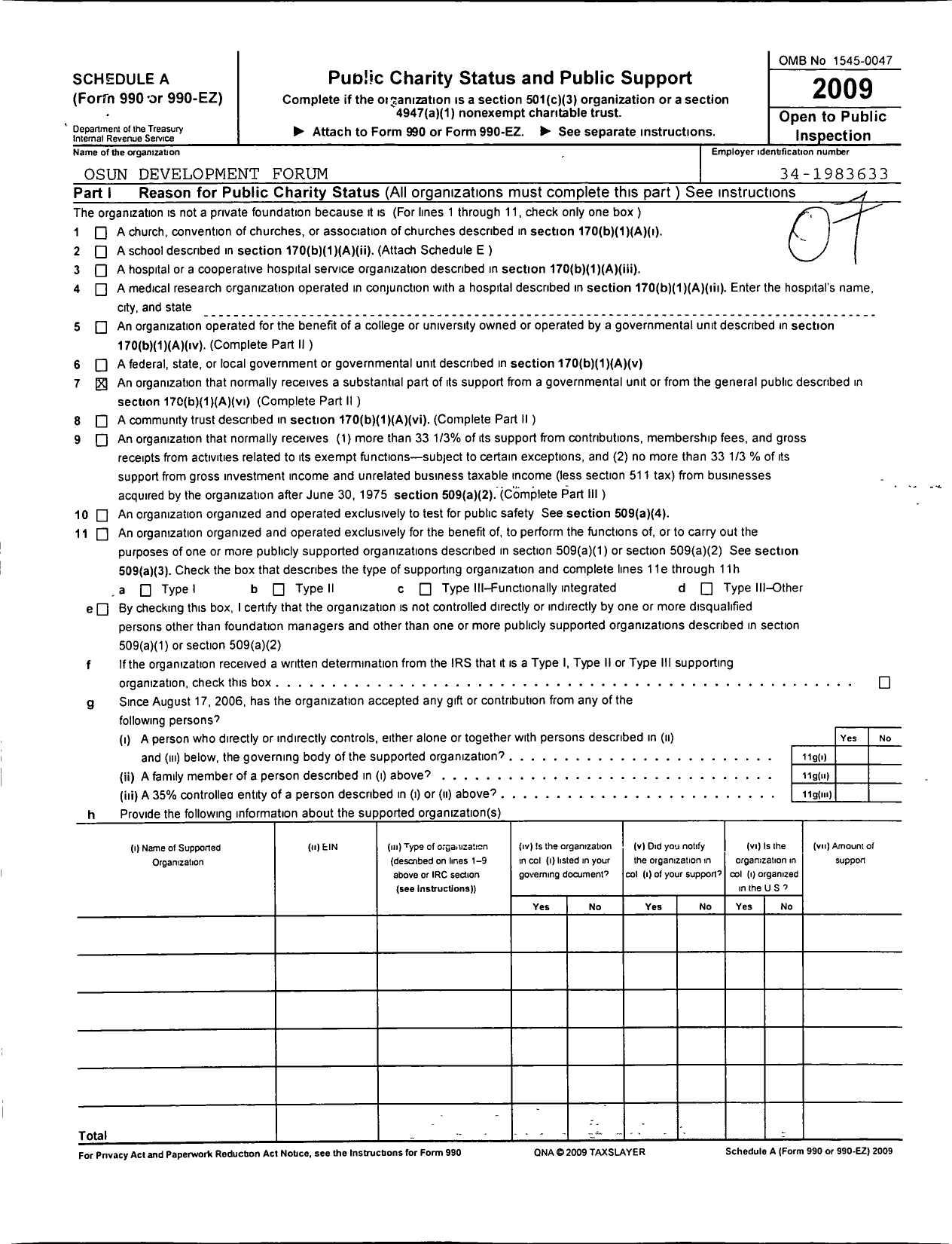 Image of first page of 2009 Form 990ER for Osun Development Forum U S A