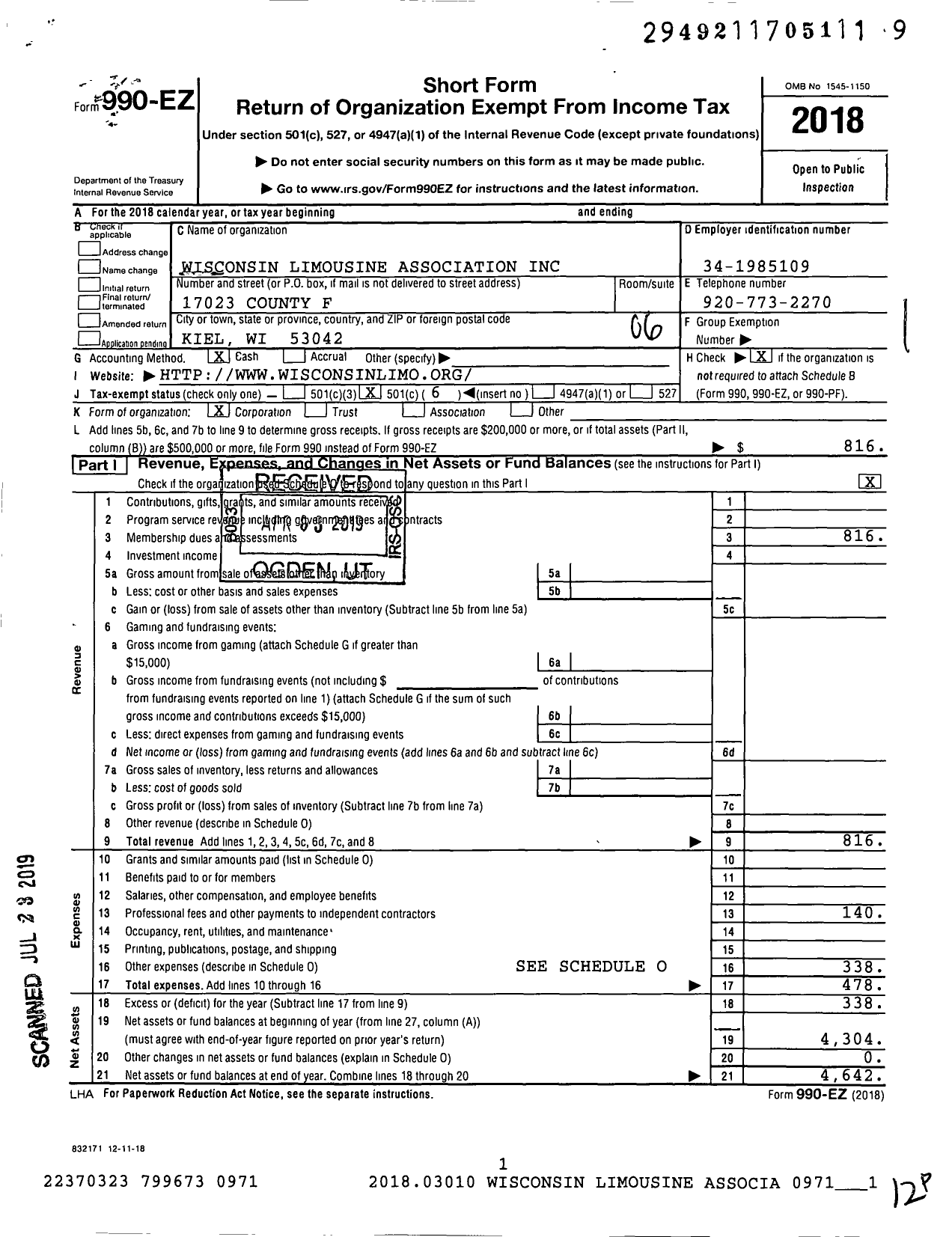 Image of first page of 2018 Form 990EO for Wisconsin Limousine Association