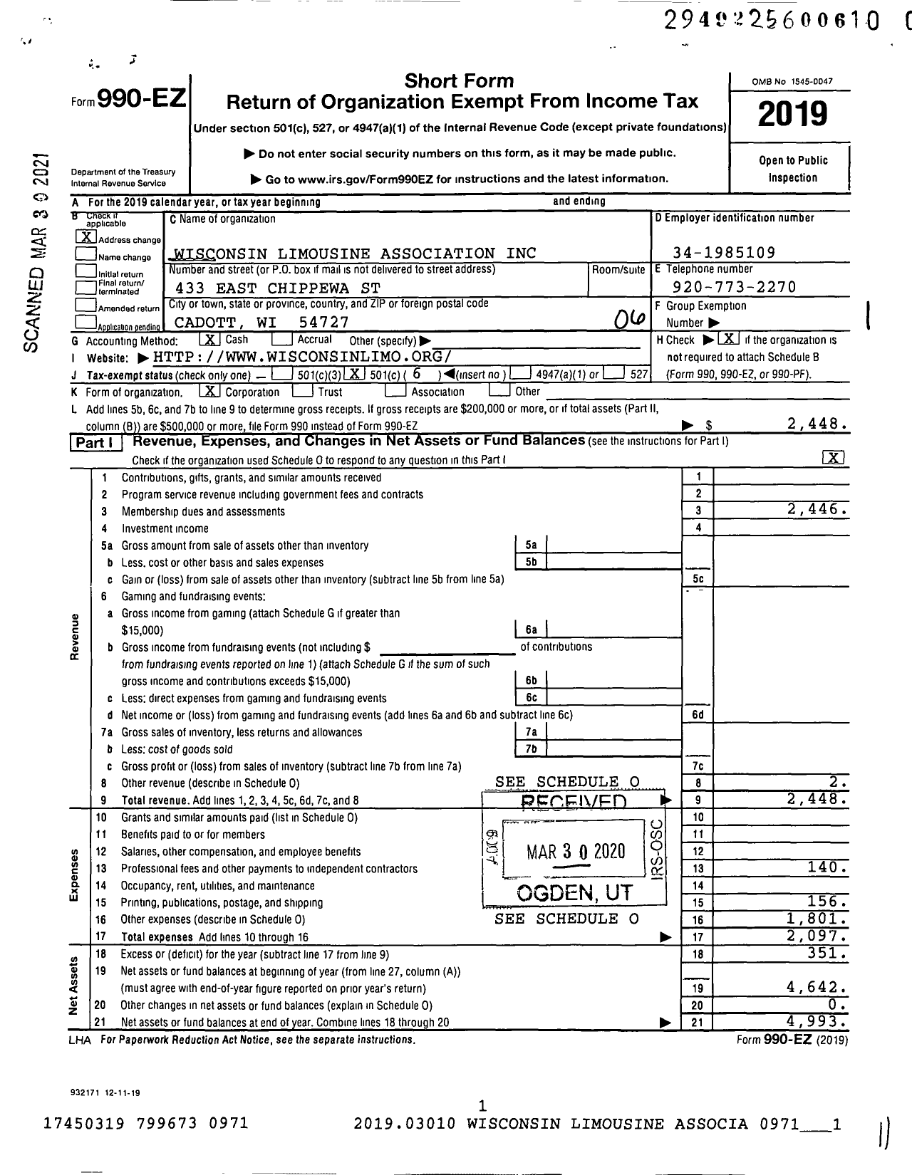 Image of first page of 2019 Form 990EO for Wisconsin Limousine Association