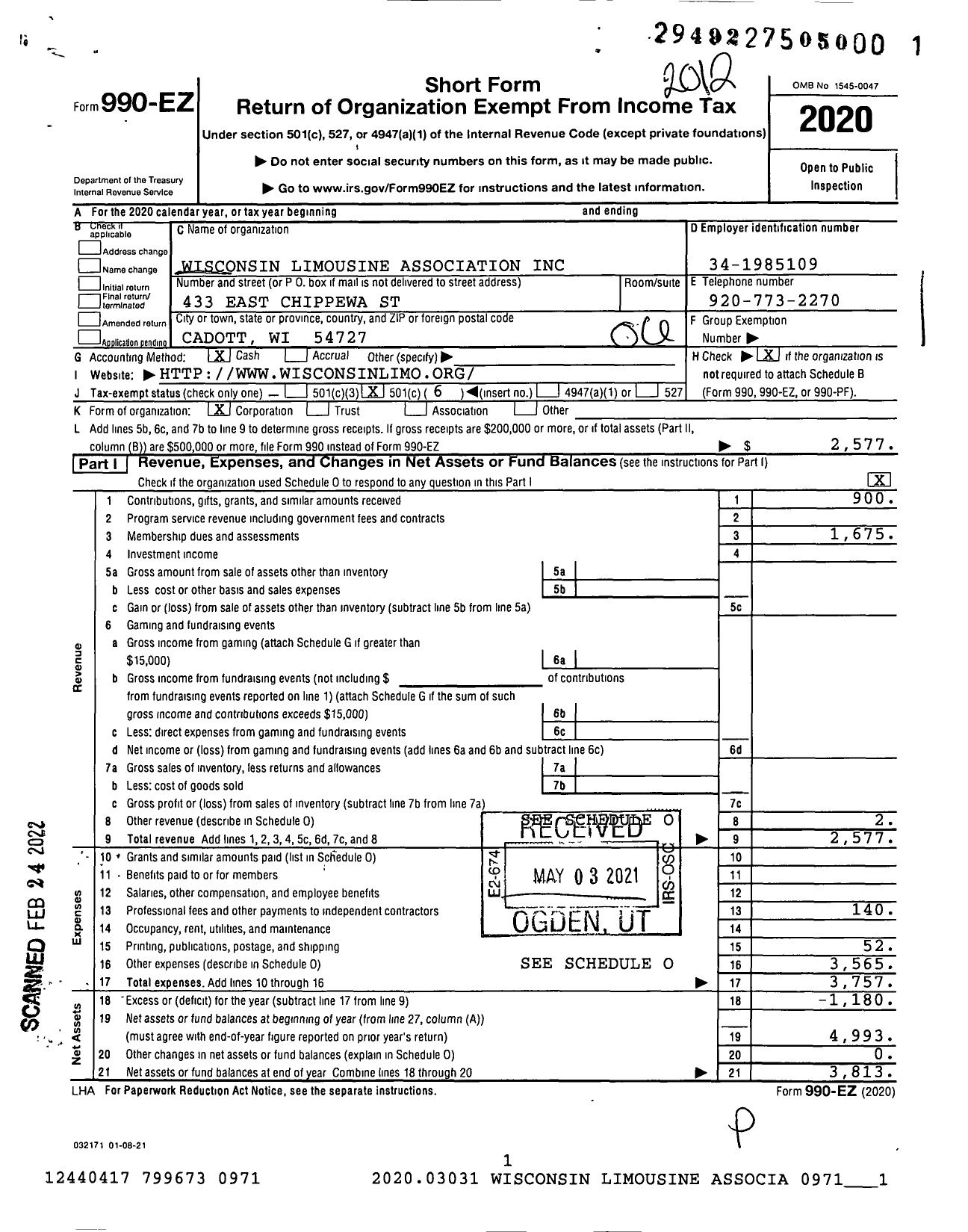 Image of first page of 2020 Form 990EO for Wisconsin Limousine Association