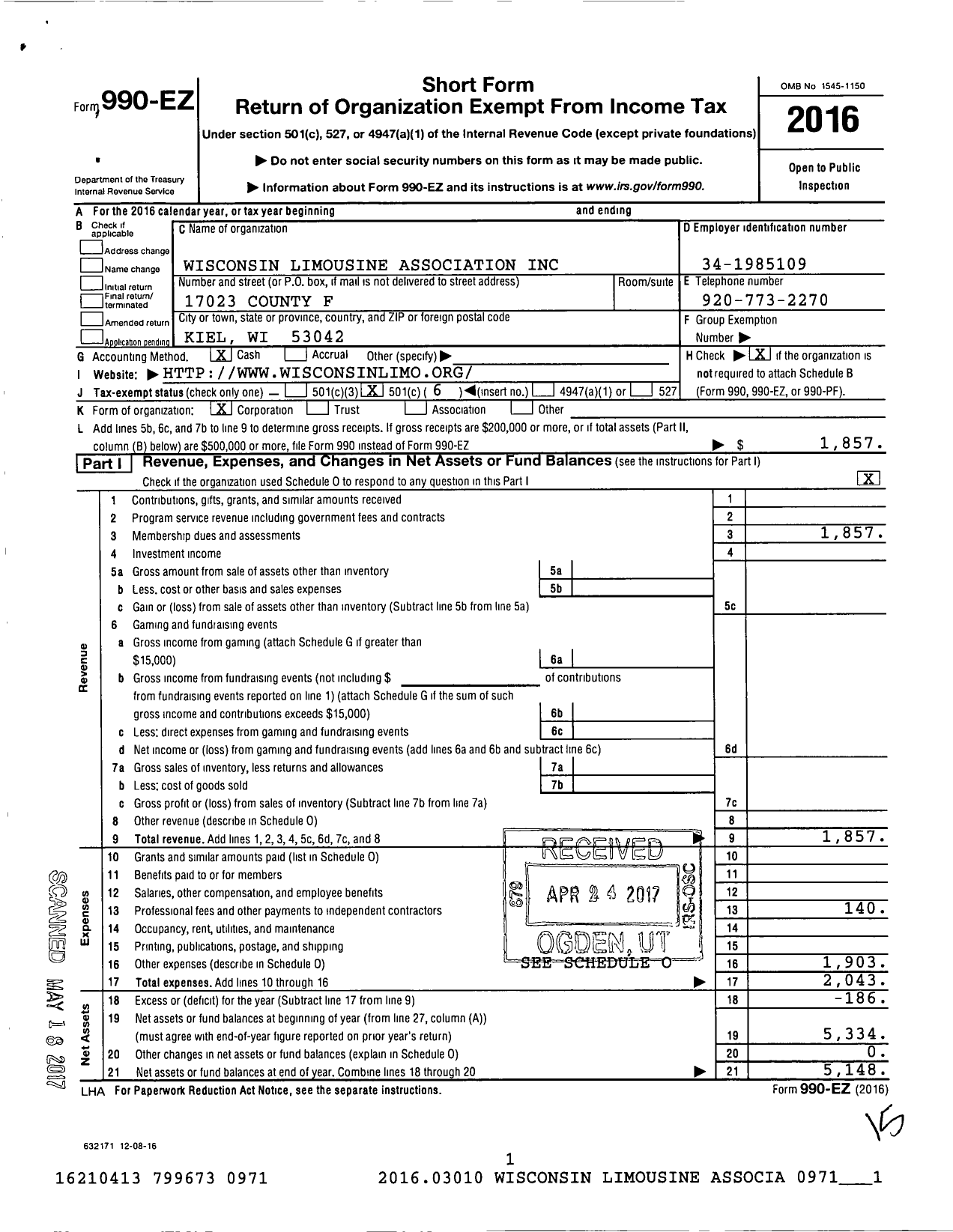 Image of first page of 2016 Form 990EO for Wisconsin Limousine Association