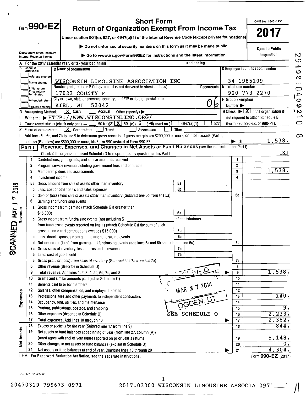 Image of first page of 2017 Form 990EO for Wisconsin Limousine Association