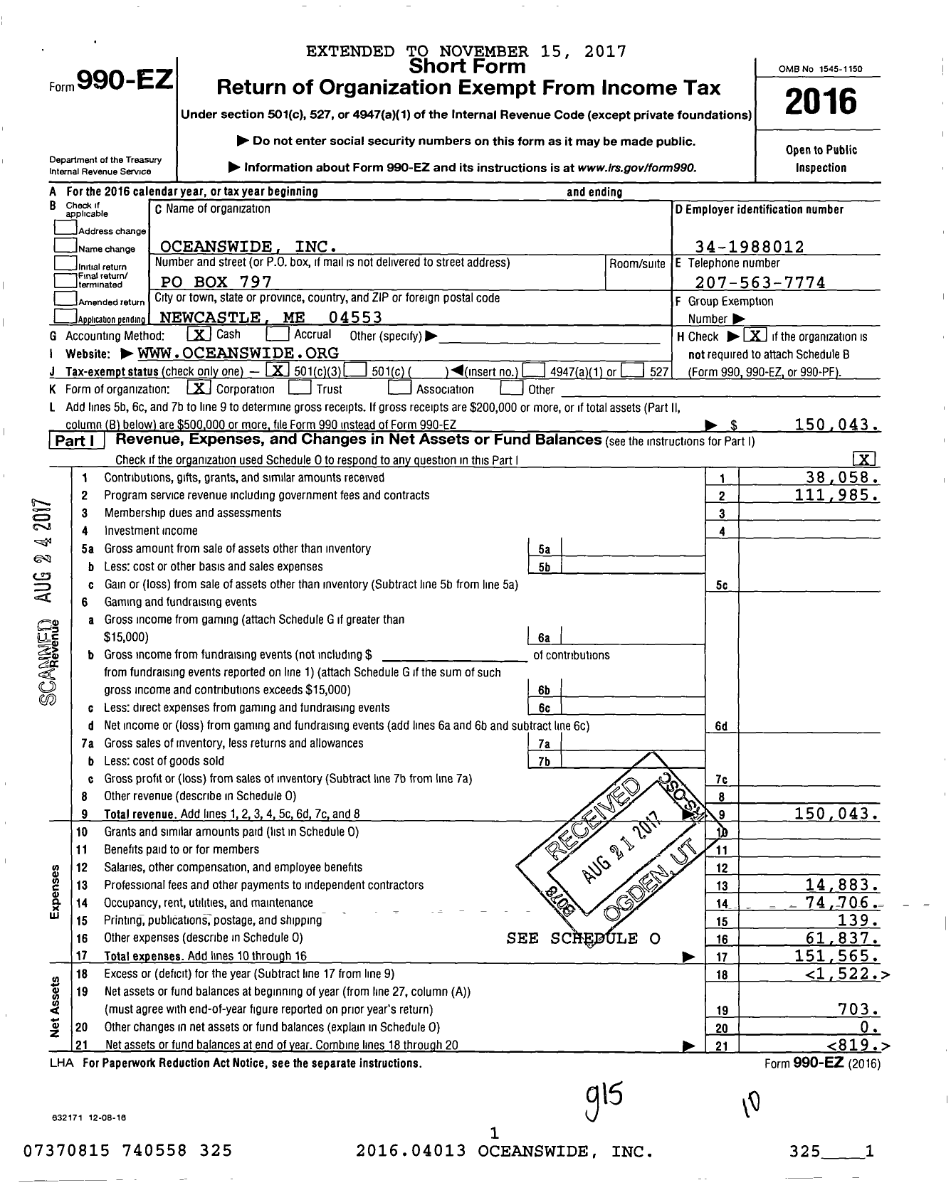 Image of first page of 2016 Form 990EZ for Oceanswide