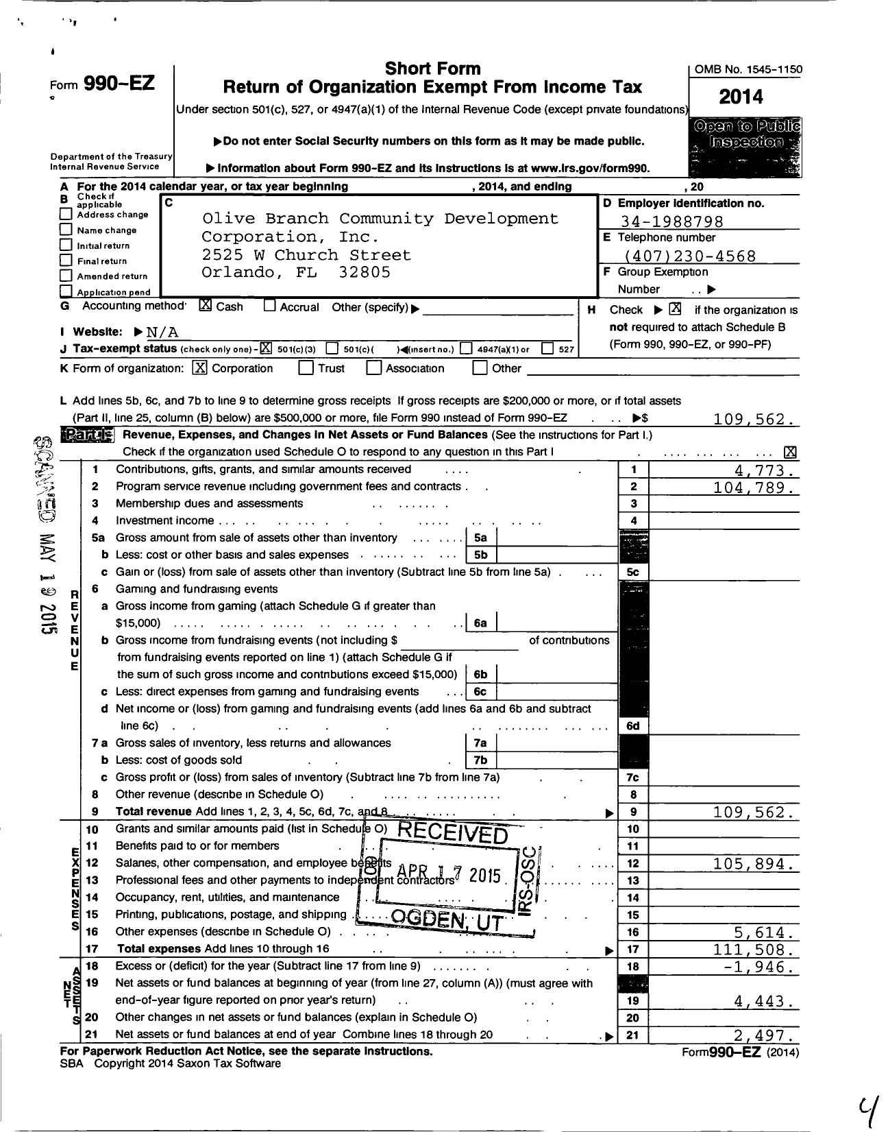 Image of first page of 2014 Form 990EZ for Olive Branch Community Development Corporation