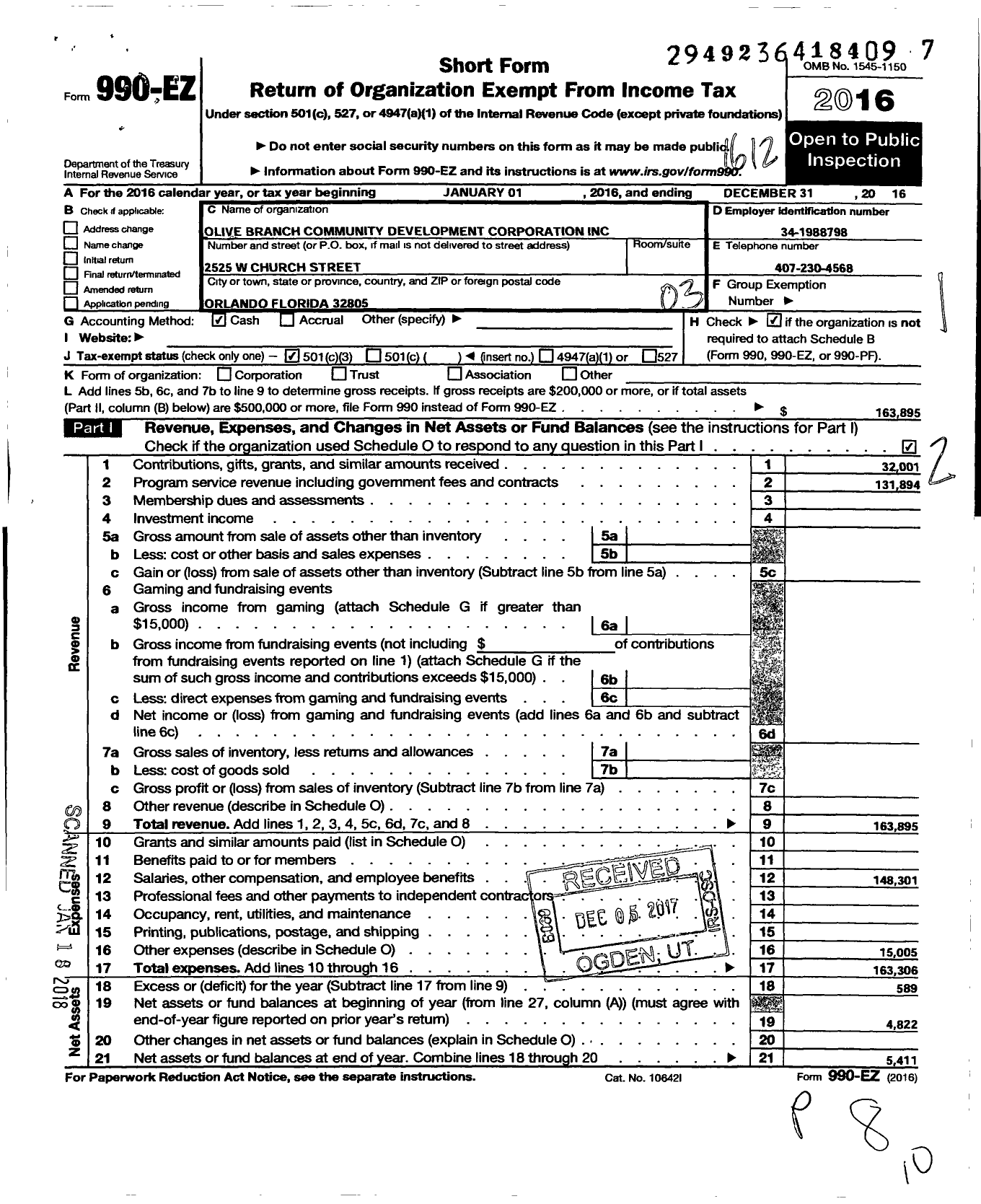 Image of first page of 2016 Form 990EZ for Olive Branch Community Development Corporation