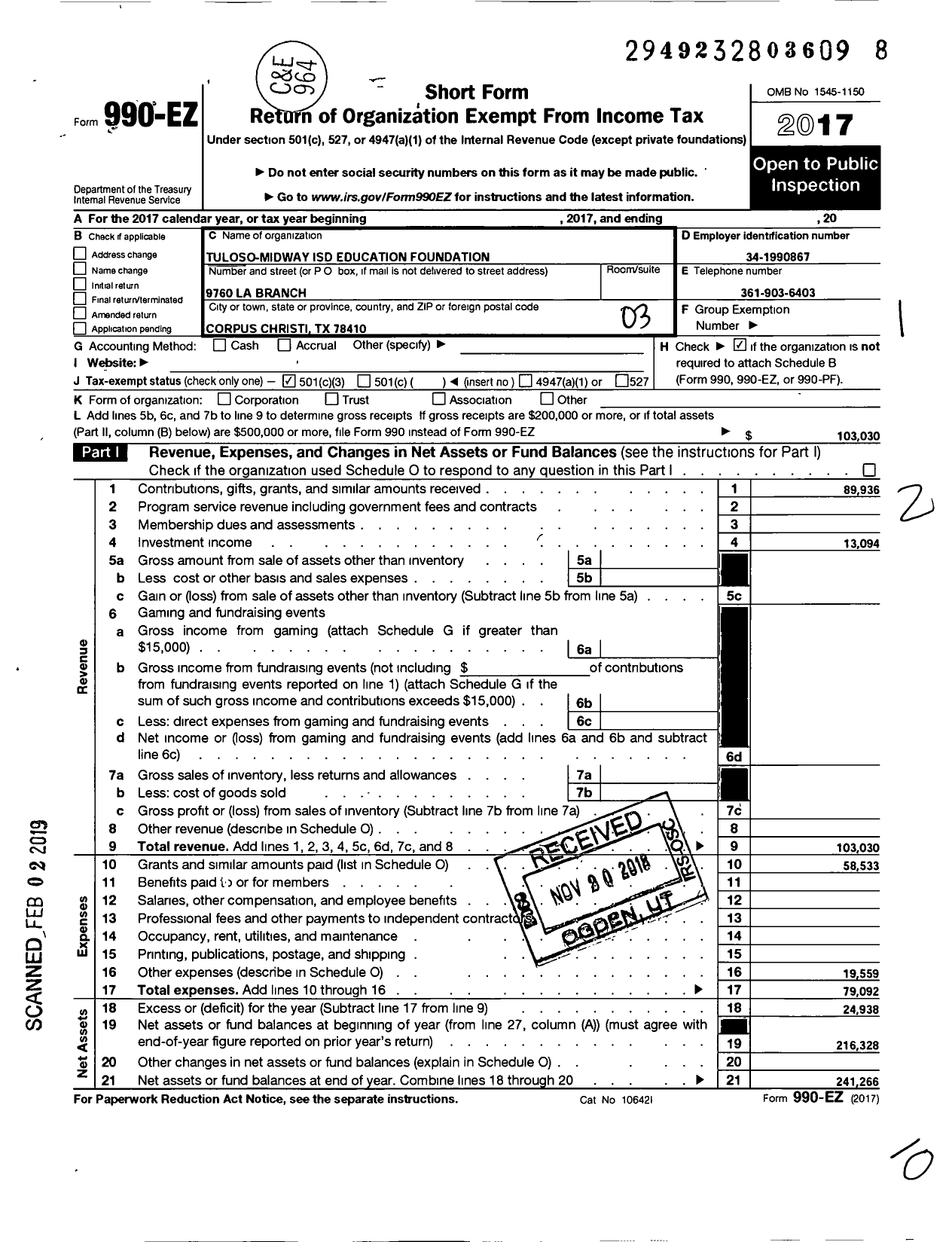 Image of first page of 2017 Form 990EZ for Tuloso-Midway Isd Education Foundation