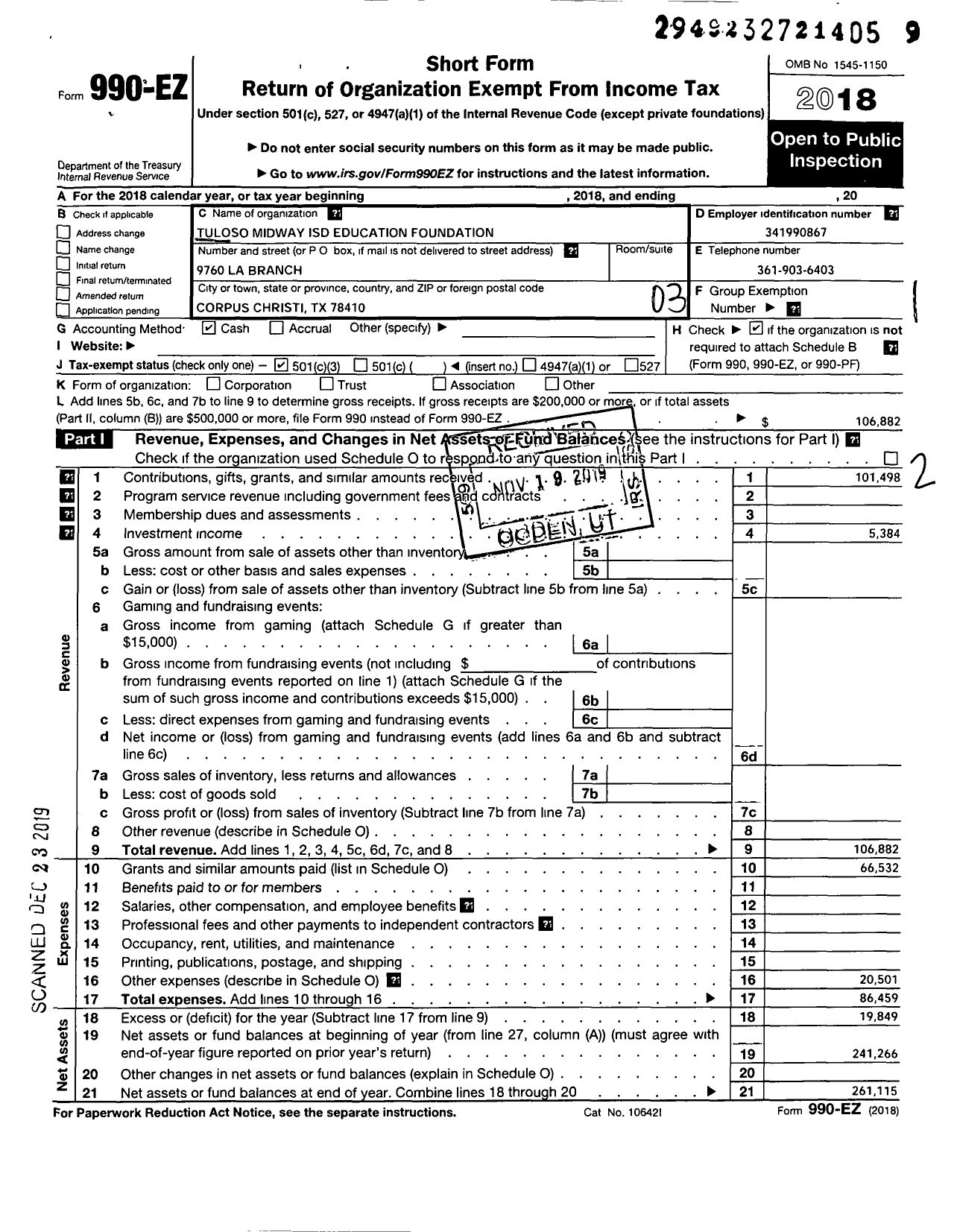 Image of first page of 2018 Form 990EZ for Tuloso-Midway Isd Education Foundation