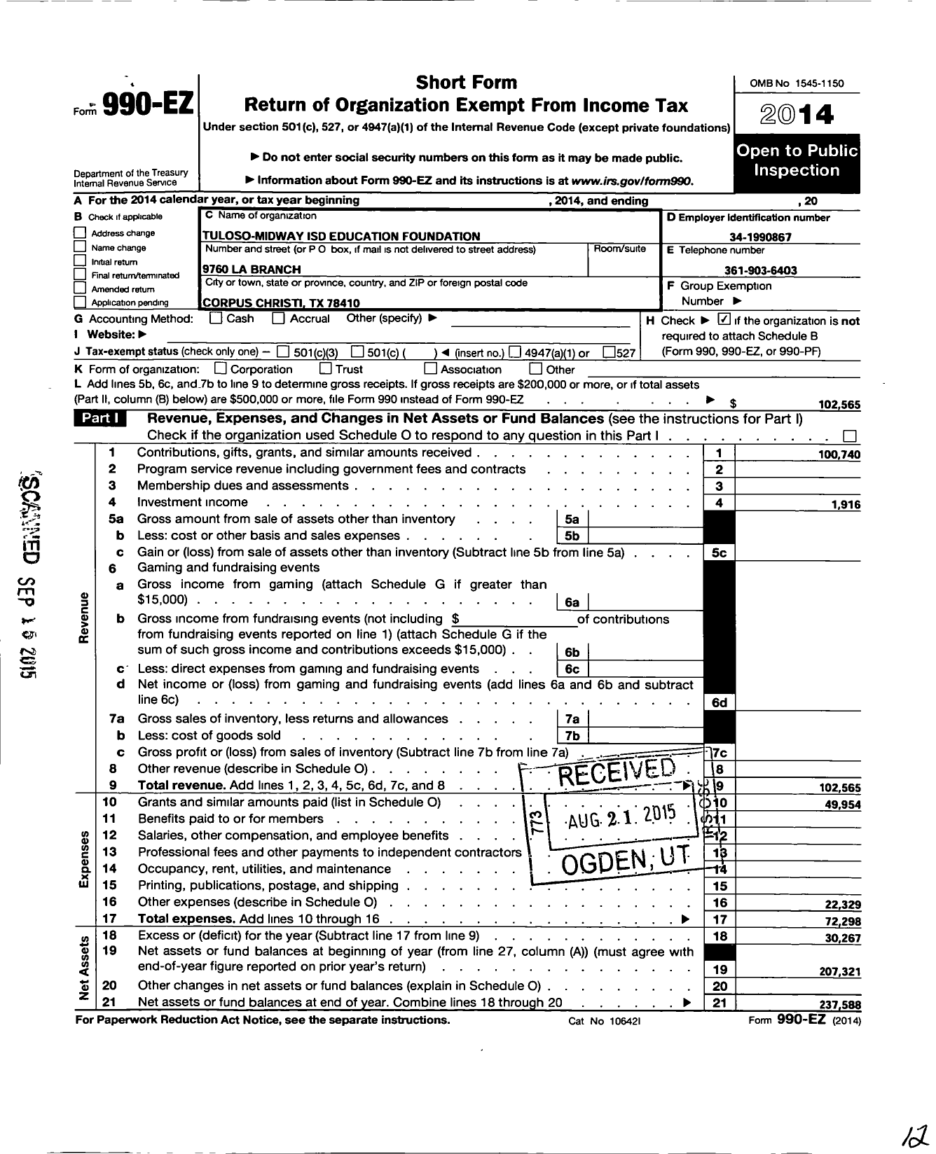 Image of first page of 2014 Form 990EO for Tuloso-Midway Isd Education Foundation