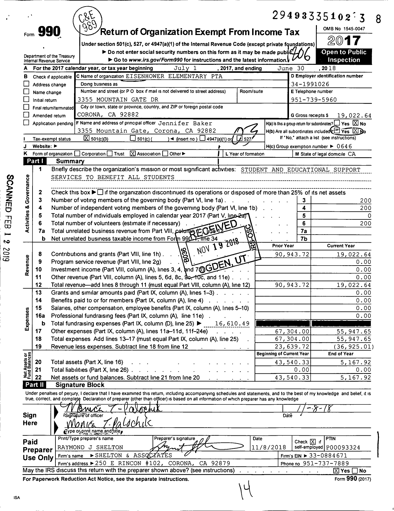 Image of first page of 2017 Form 990 for California State PTA - Dwight Eisenhower Elementary PTA