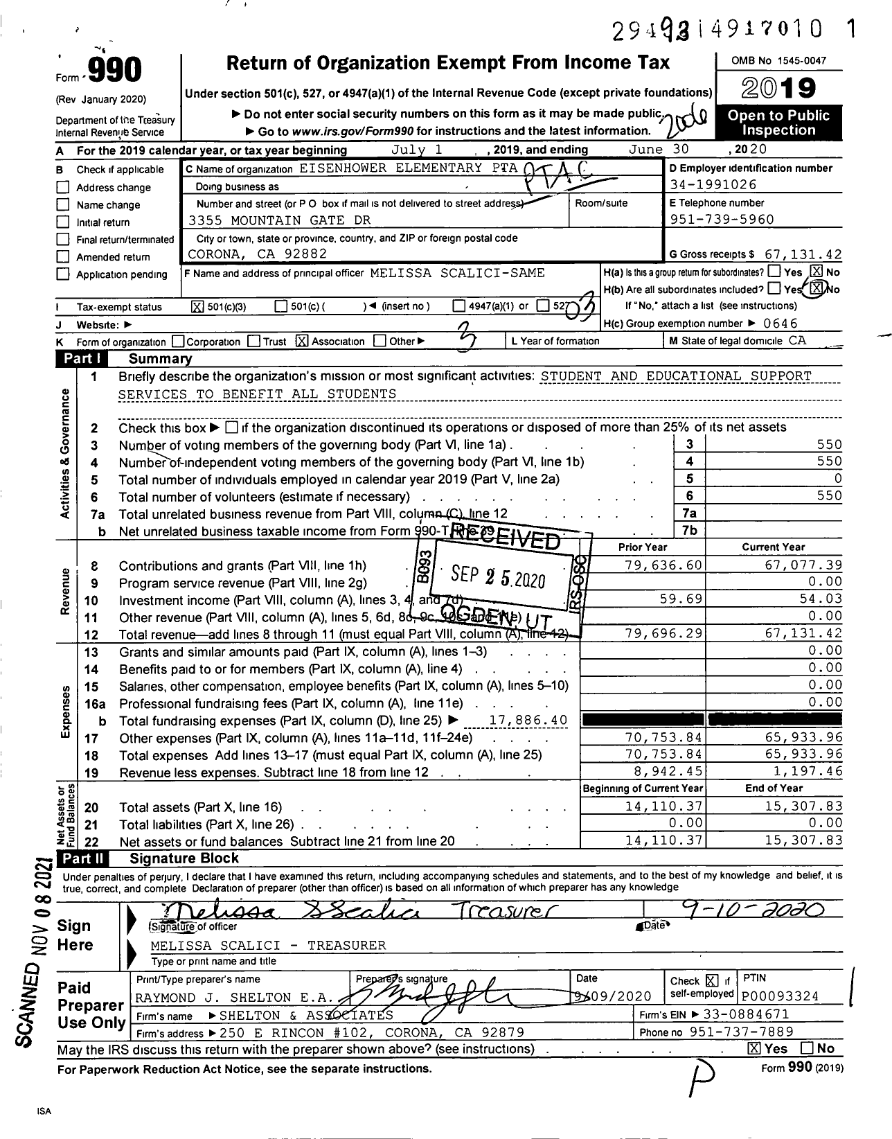 Image of first page of 2019 Form 990 for California State PTA - Dwight Eisenhower Elementary PTA