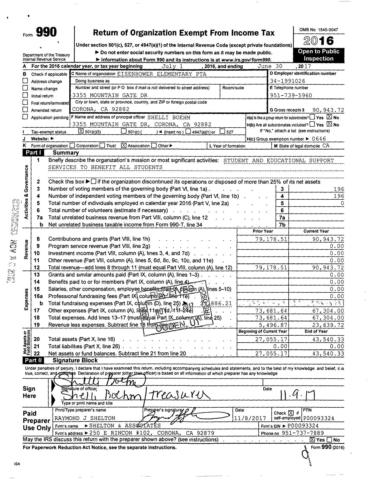 Image of first page of 2016 Form 990 for California State PTA - Dwight Eisenhower Elementary PTA