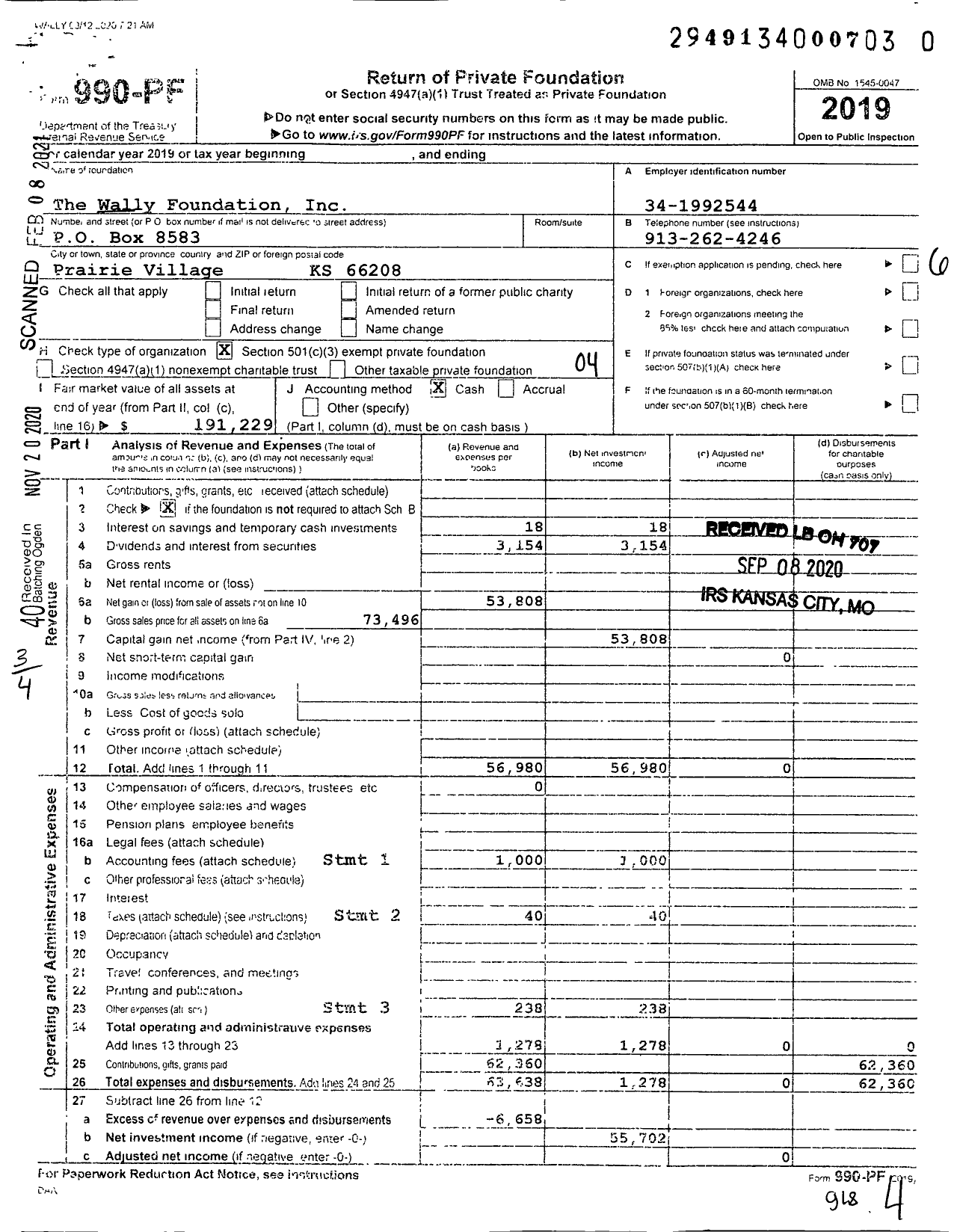 Image of first page of 2019 Form 990PF for The Wally Foundation