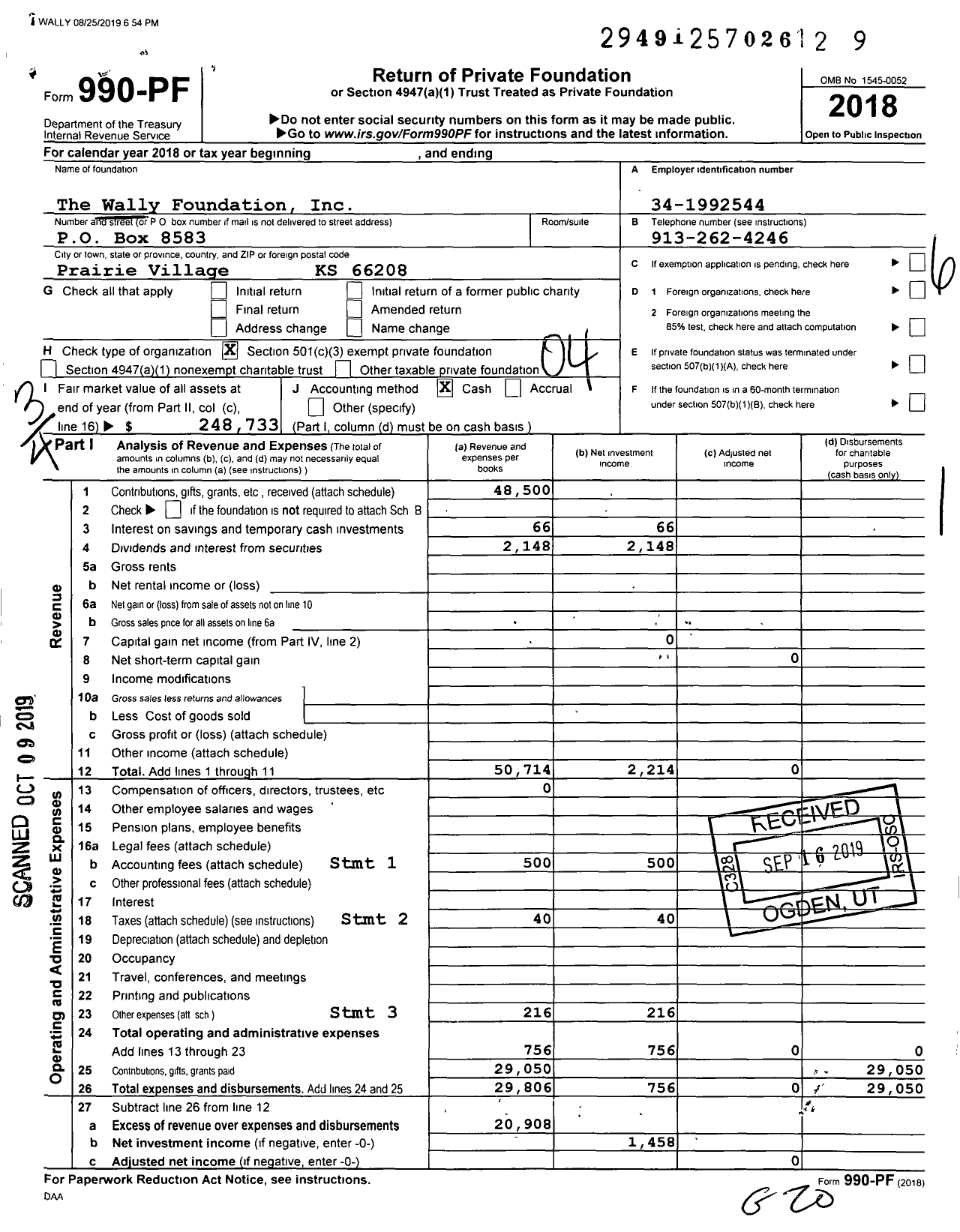 Image of first page of 2018 Form 990PF for The Wally Foundation