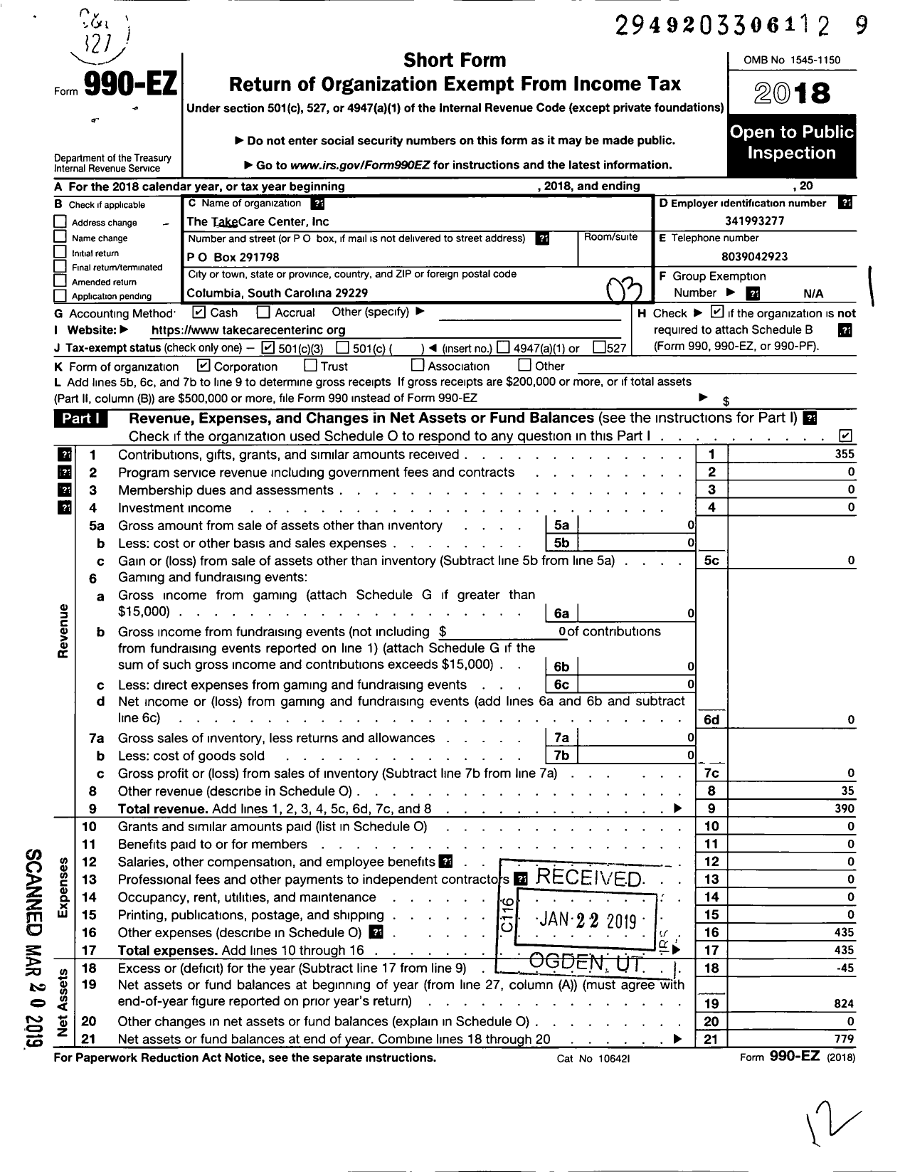 Image of first page of 2018 Form 990EZ for Takecare Center