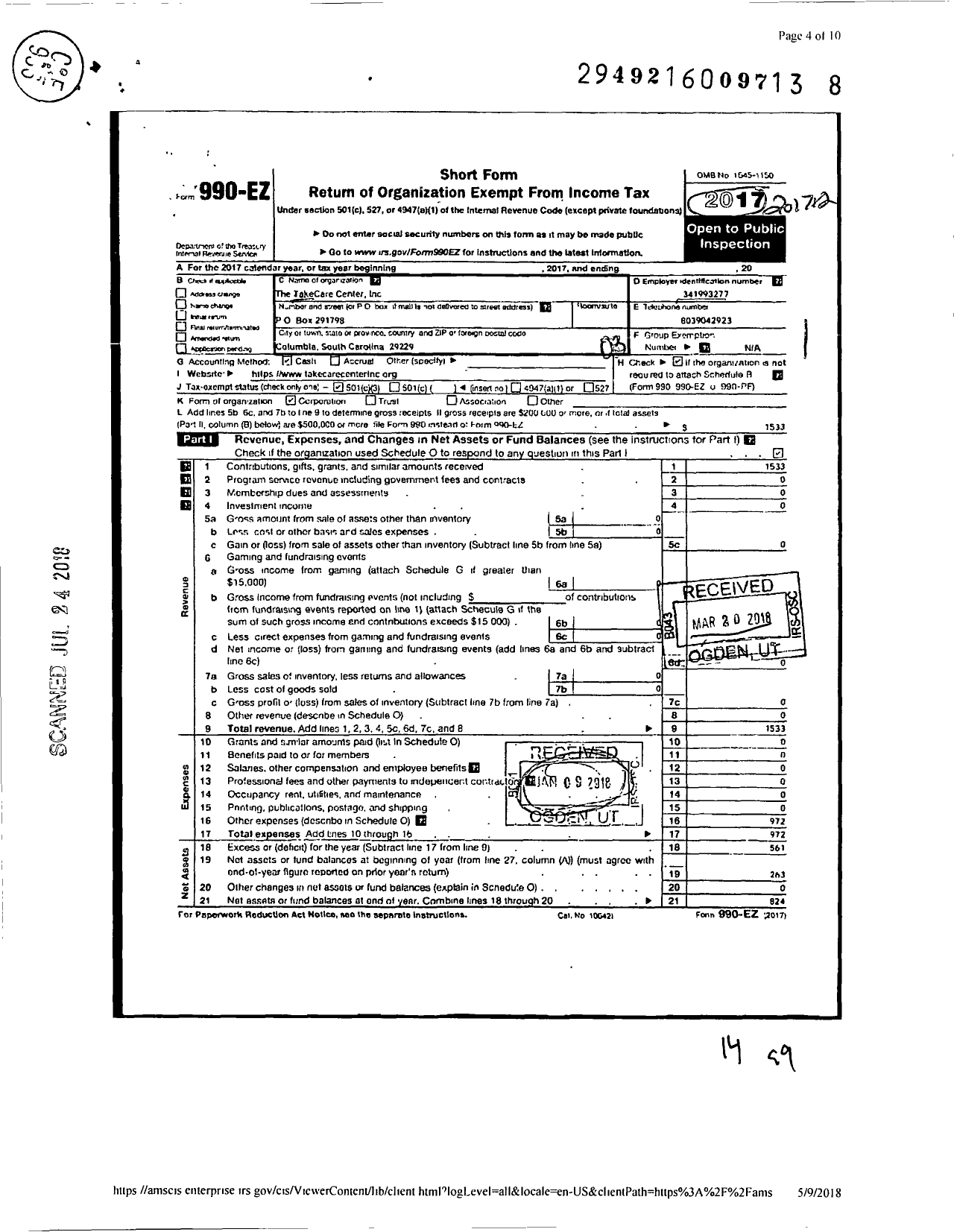 Image of first page of 2017 Form 990EZ for Takecare Center